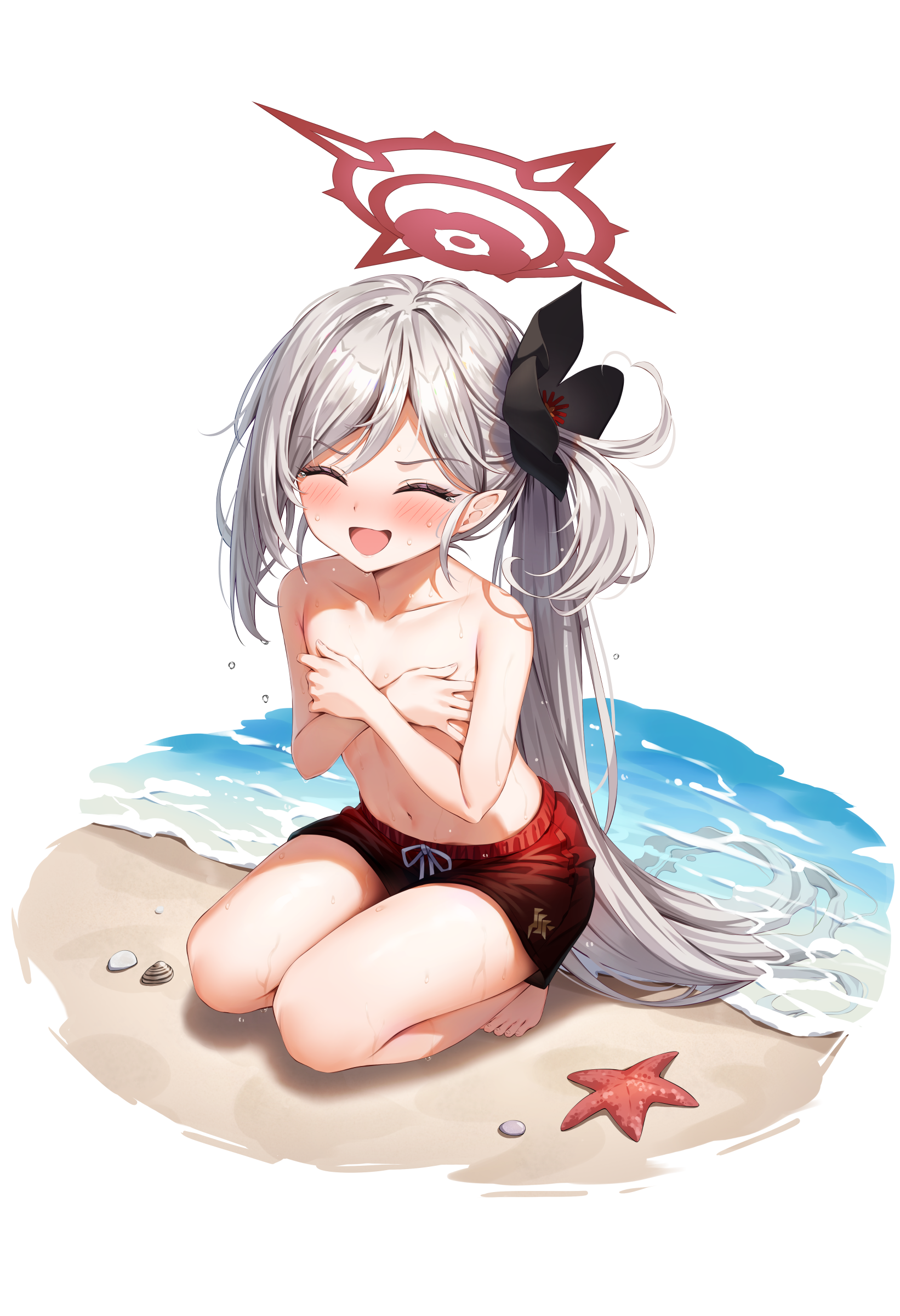 asagi_mutsuki blue_archive breast_hold crossdress halo kuria_(clear_trip_second) loli pointy_ears swimsuits topless wet