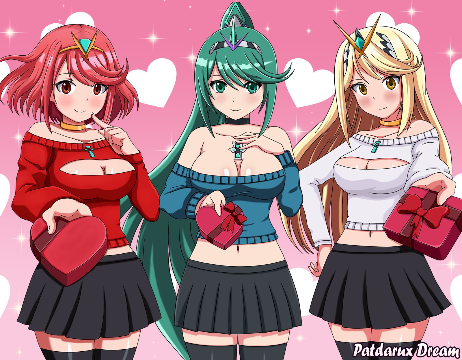 cleavage hikari_(xenoblade_2) homura_(xenoblade_2) no_bra patdarux pneuma_(xenoblade_2) sweater thighhighs valentine xenoblade_(series) xenoblade_2