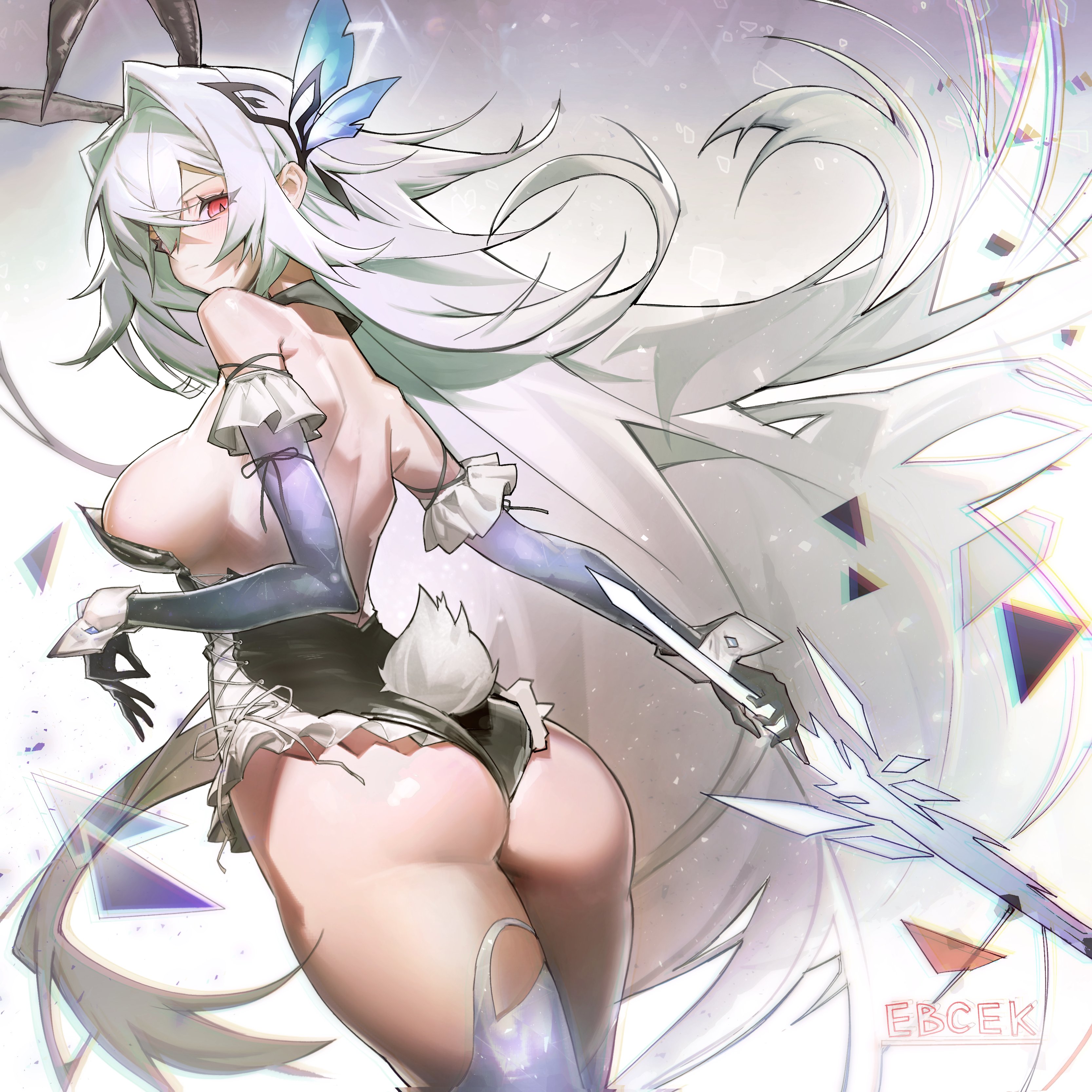 animal_ears ass bunny_ears bunny_girl genshin_impact kyandii no_bra skirk_(genshin_impact) sword tail thighhighs