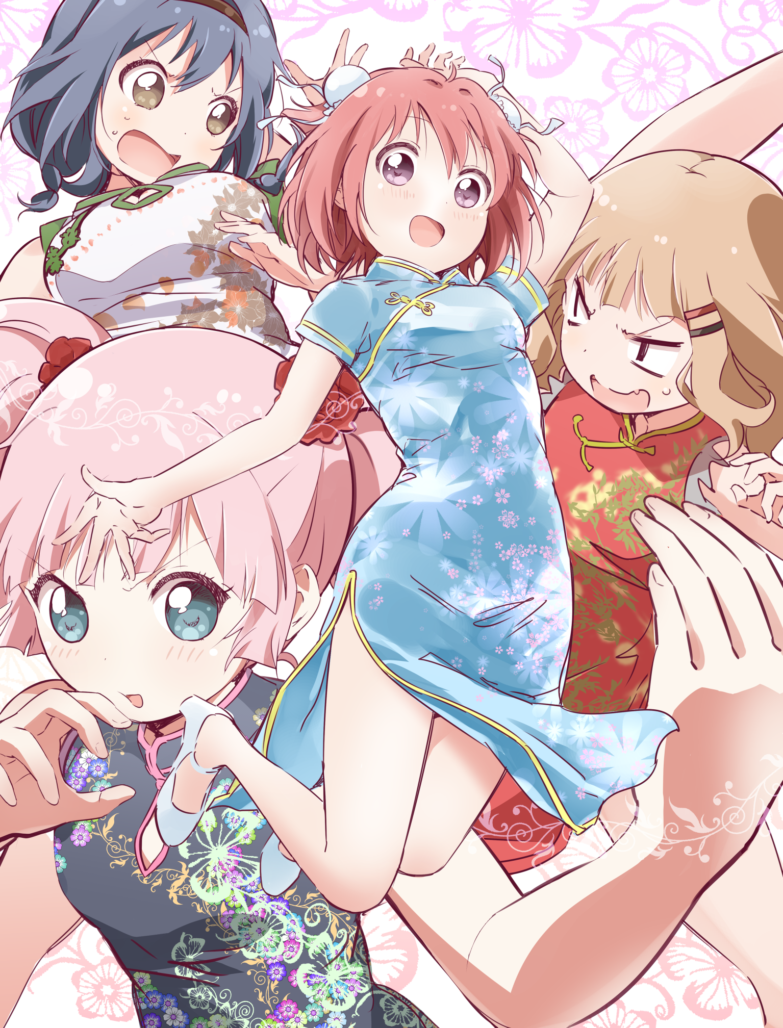 akaza_akari chinadress cleavage furutani_himawari kamiki_uutarou oomuro_sakurako skirt_lift yoshikawa_chinatsu yuru_yuri