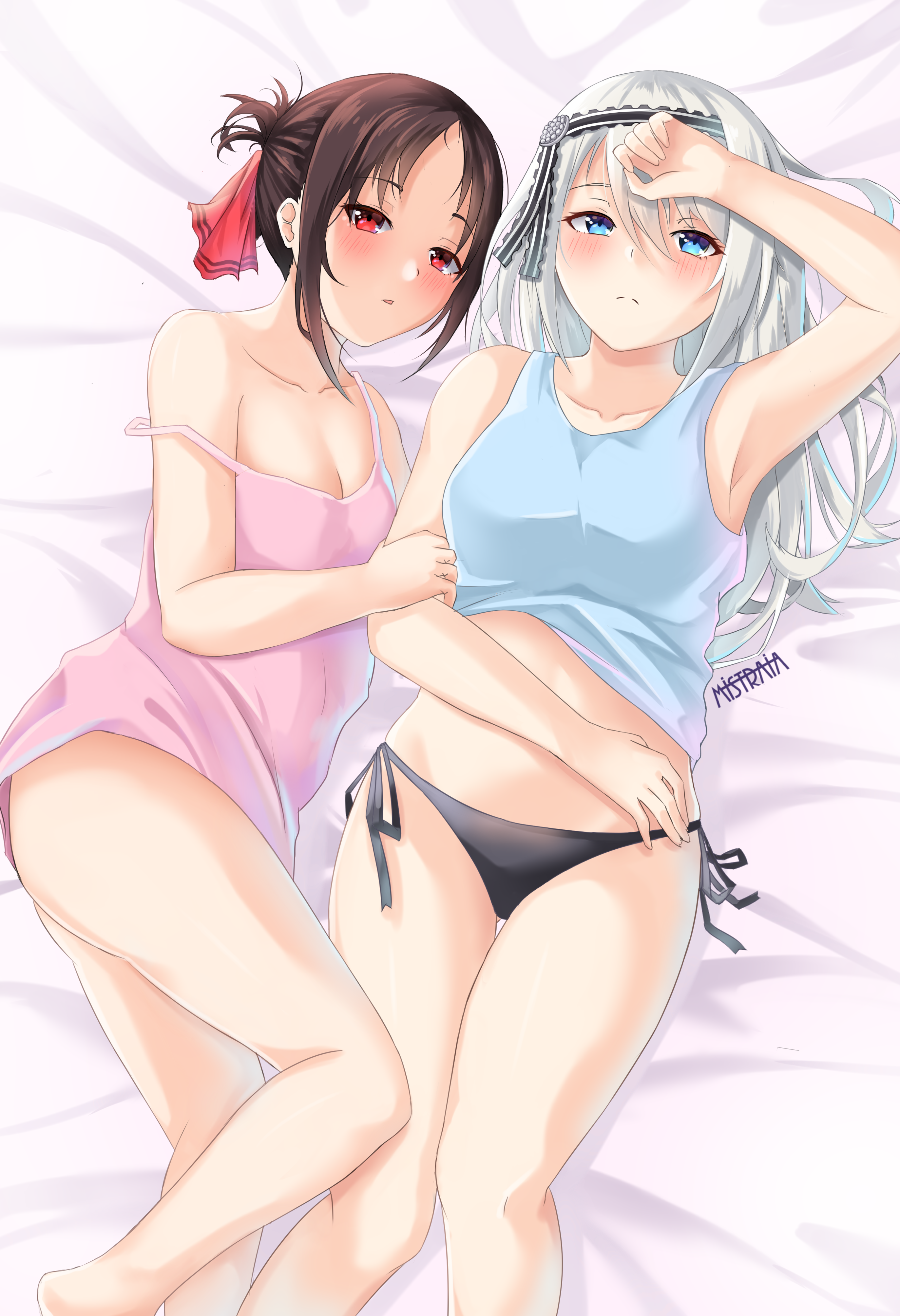 cleavage kaguya-sama_wa_kokurasetai_~tensai-tachi_no_renai_zunousen~ mistraia pajama pantsu shinomiya_kaguya shirogane_kei shirt_lift string_panties yuri