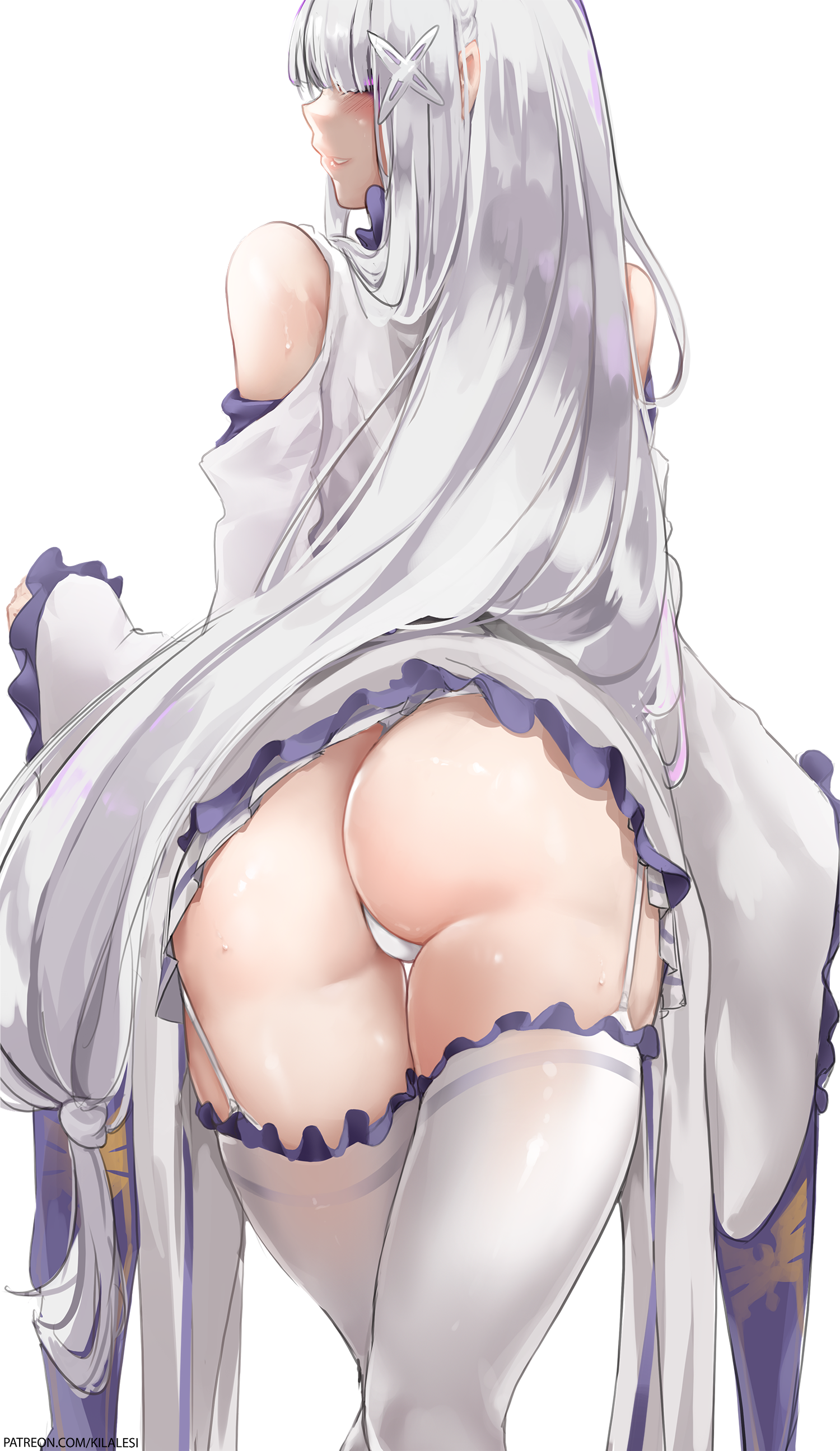 ass dress duplicate elf emilia_(re_zero) kilalesi pantsu pointy_ears re_zero_kara_hajimeru_isekai_seikatsu skirt_lift stockings thighhighs thong