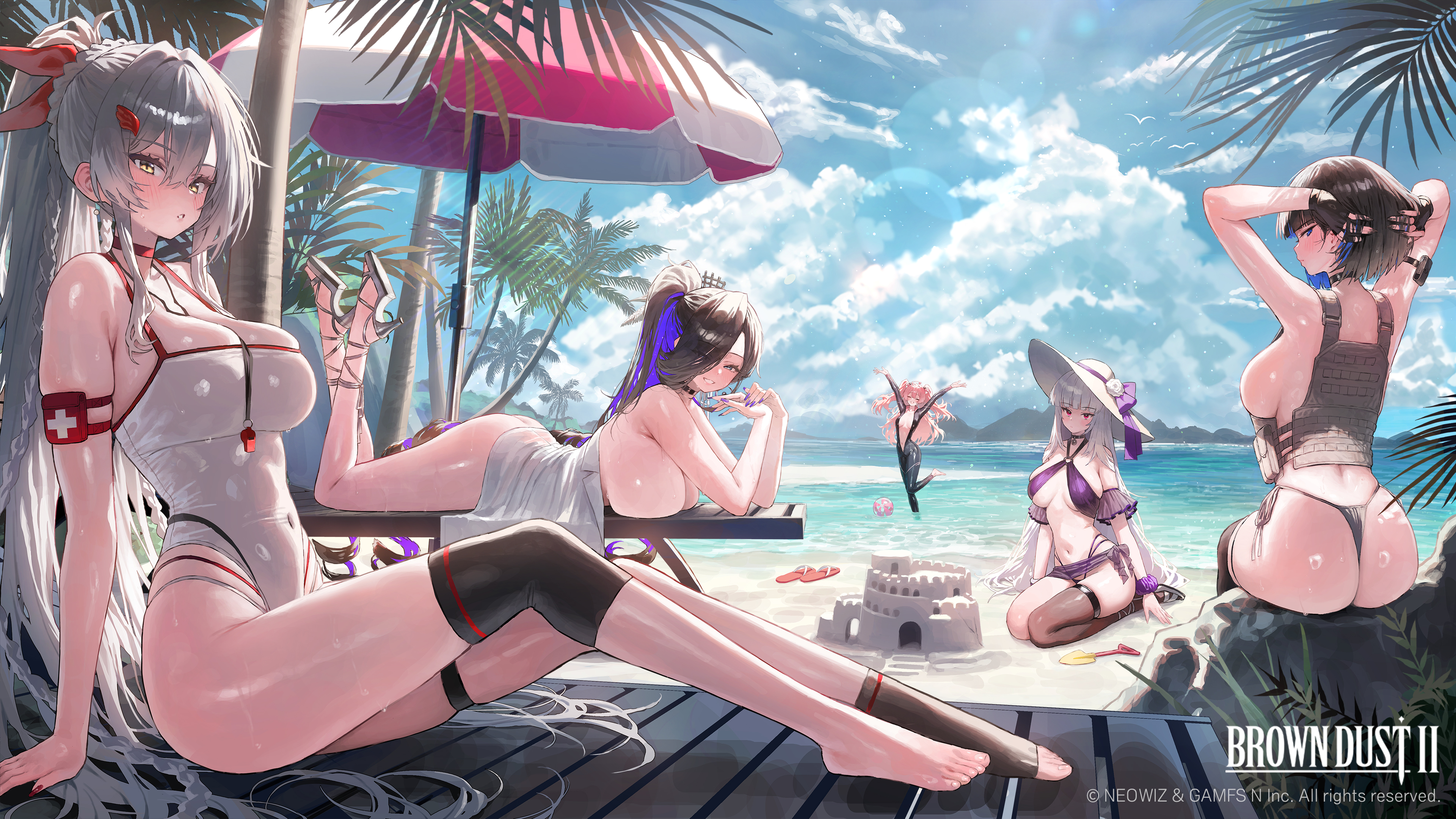bikini blade_(brown_dust_ii) brown_dust_ii dress_shirt eclipse_(brown_dust_ii) garter heels liberta luvencia mochirong naked no_bra open_shirt see_through swimsuits thighhighs thong wet