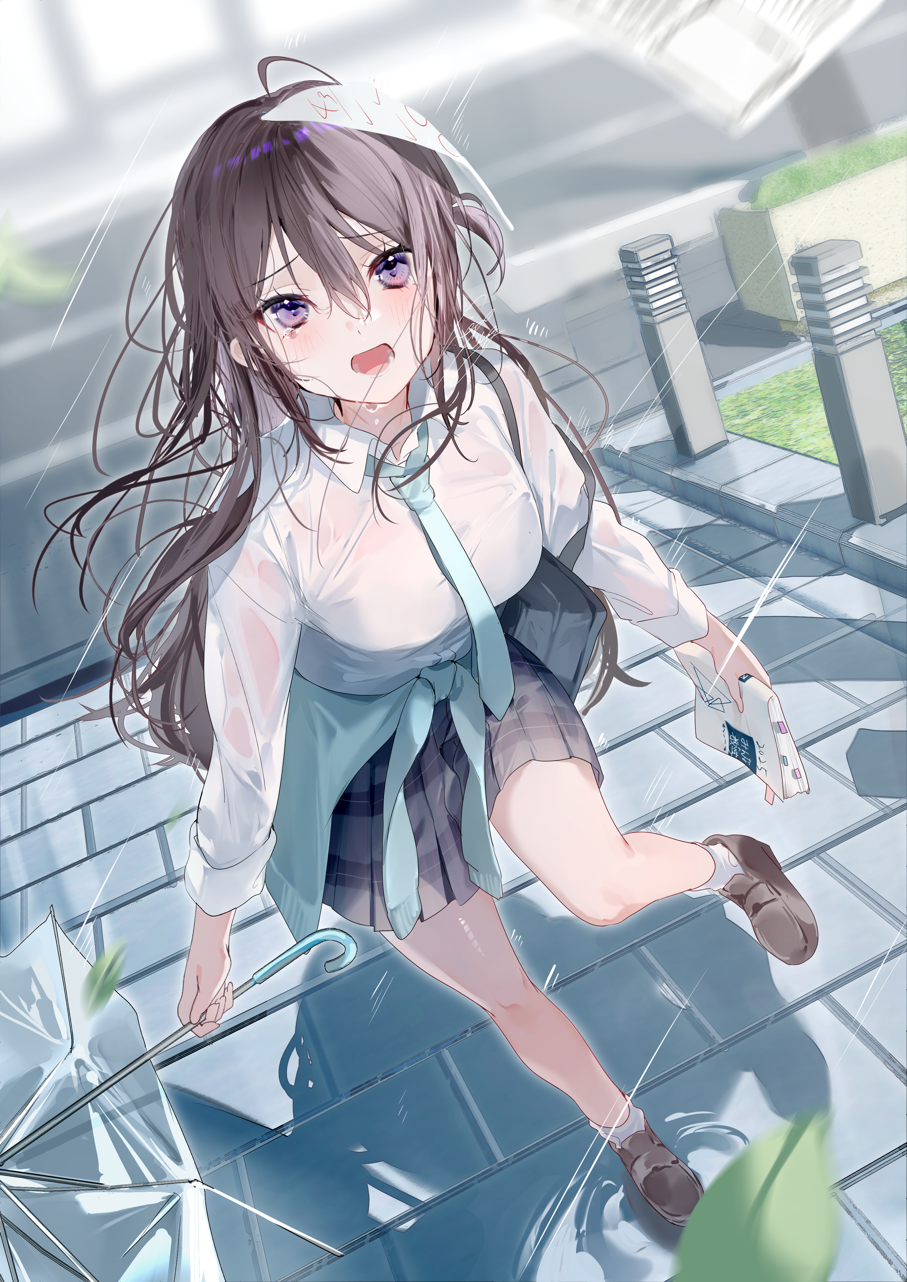 bra miwano_ragu see_through seifuku sweater umbrella wet wet_clothes