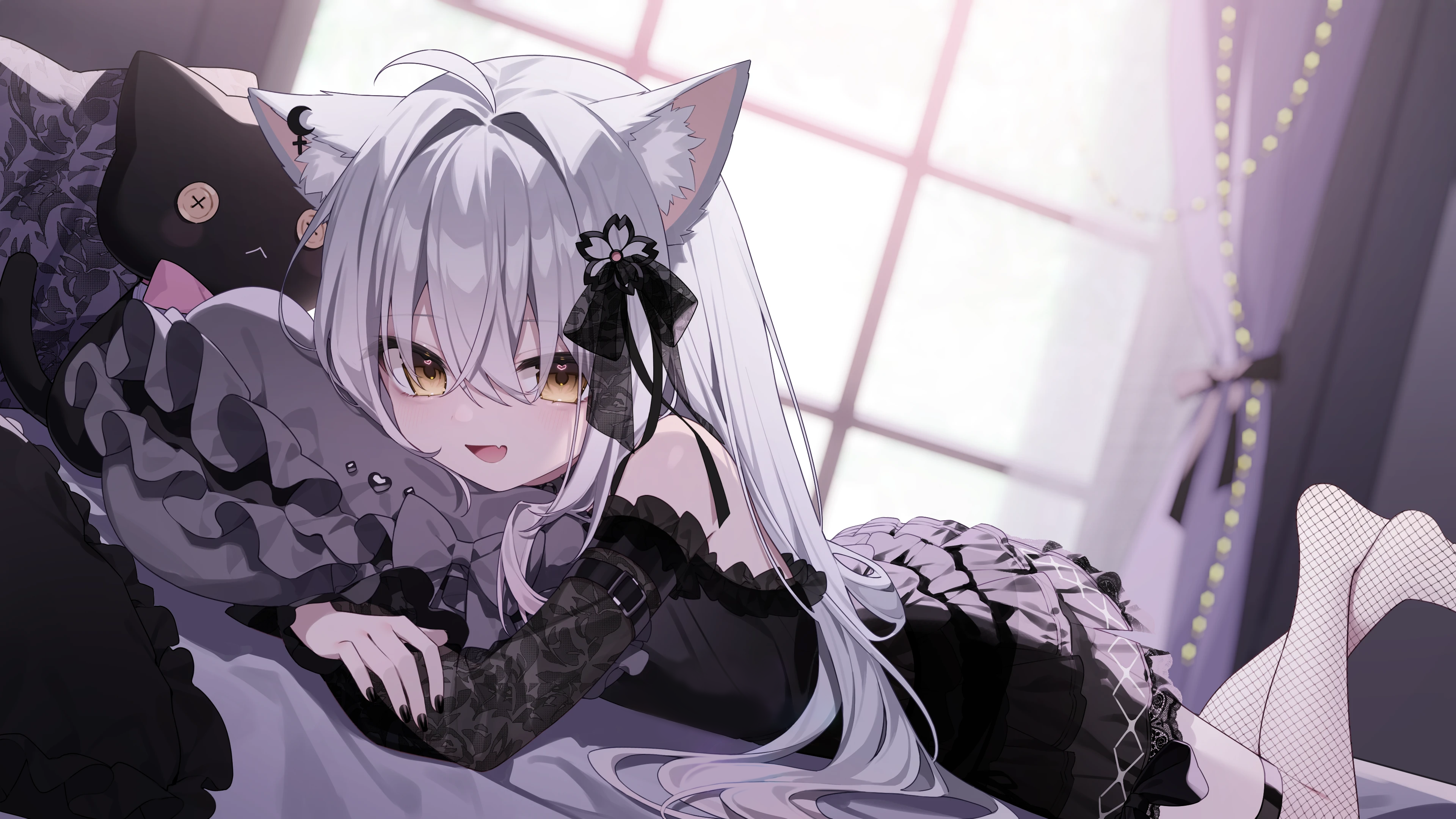 animal_ears detexted dress fishnets hazakura_chikori indie_virtual_youtuber lolita_fashion nekomimi thighhighs wallpaper yazuki_(vtuber)
