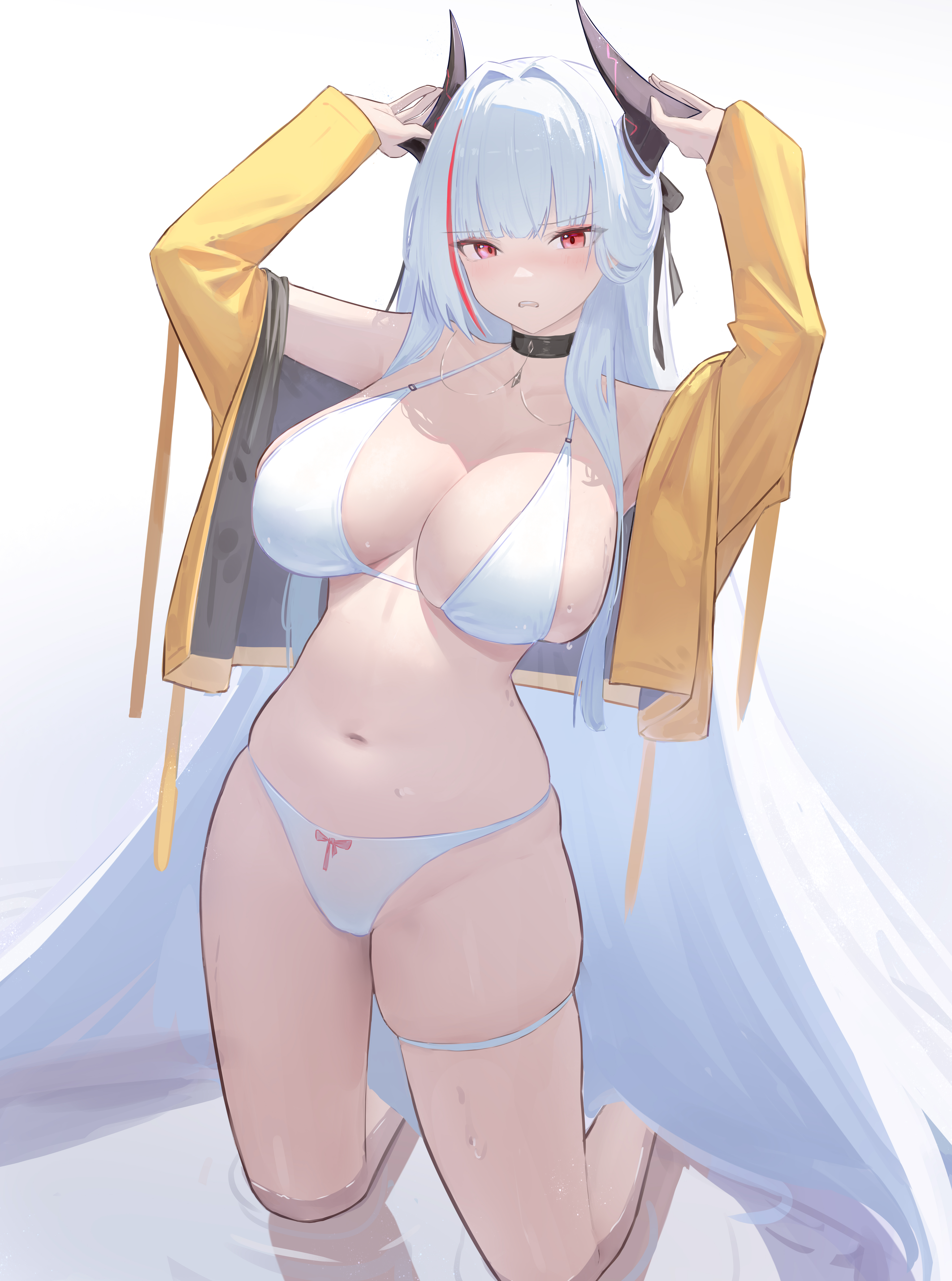 admiral_zenker_(azur_lane) azur_lane bikini garter horns open_shirt swimsuits tagme wet