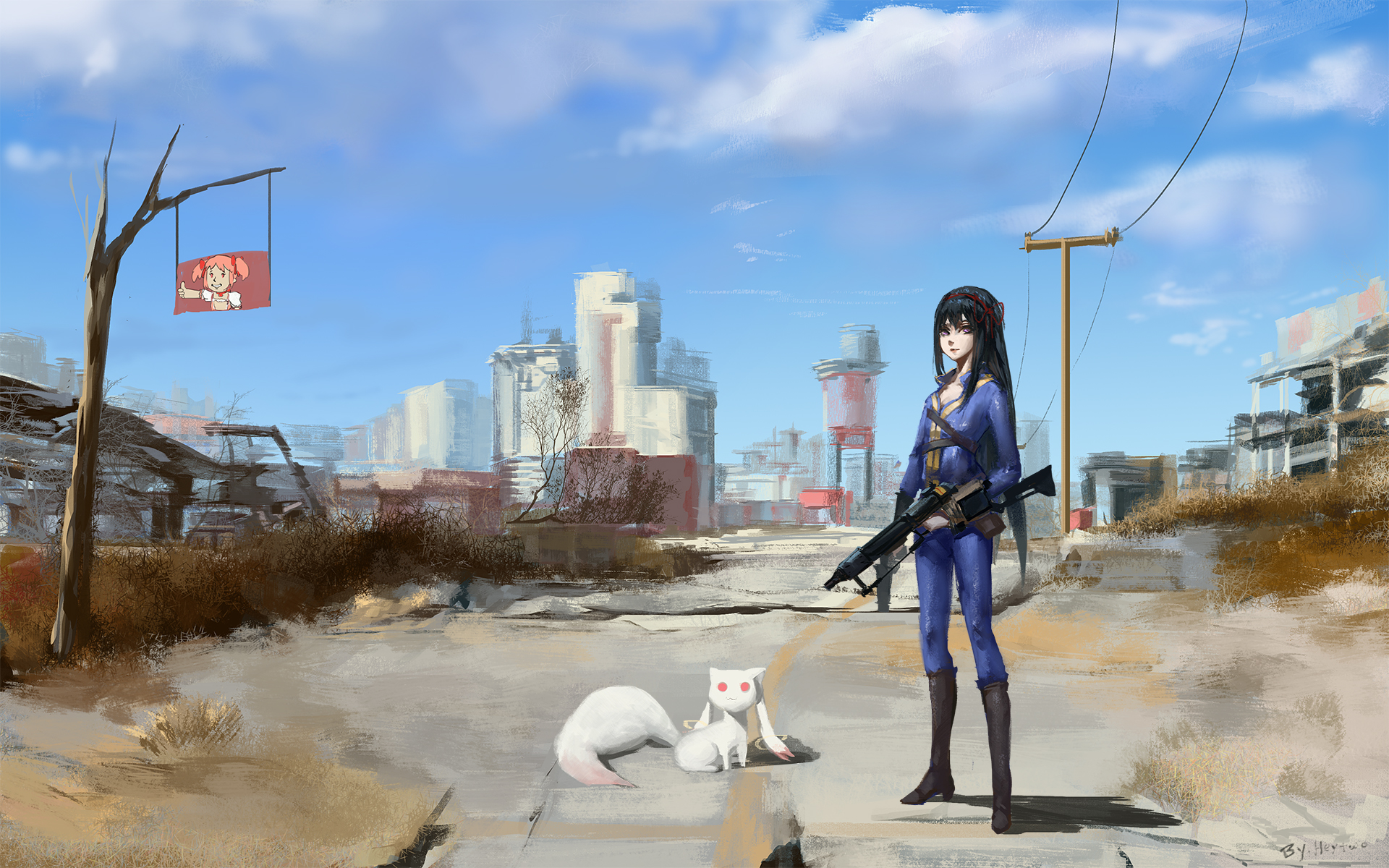 akemi_homura blackrabbitsoul bodysuit cleavage fallout gun heels kyubey landscape mahou_shoujo_madoka_magica wallpaper