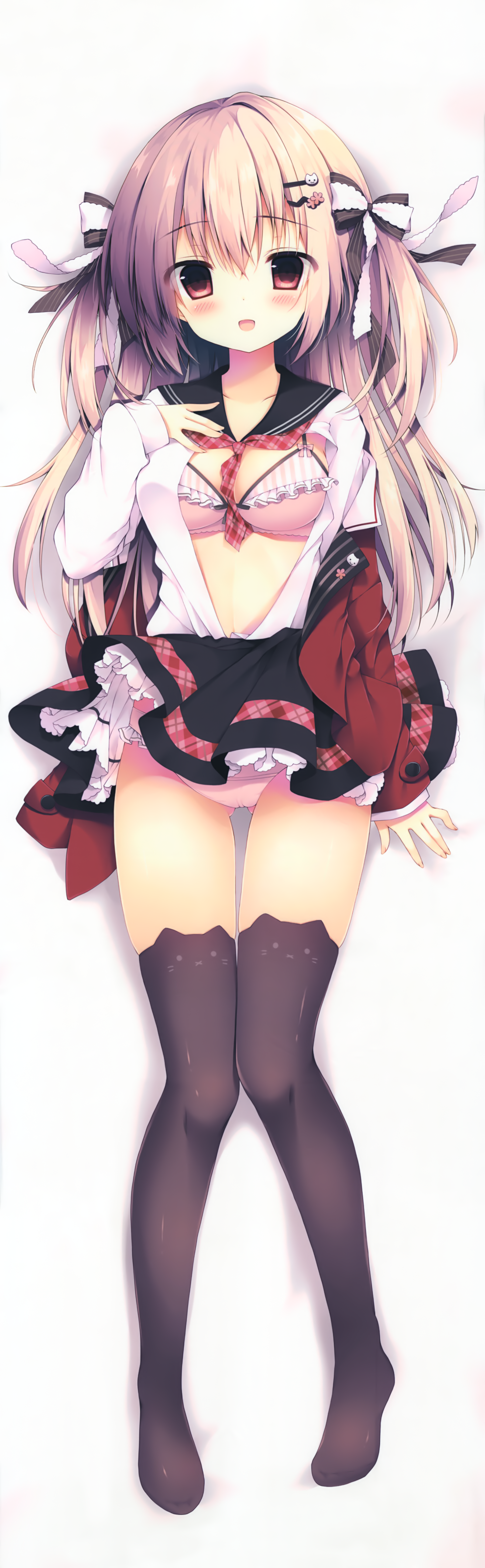 bra cleavage dakimakura izumi_yuhina open_shirt pantsu seifuku thighhighs