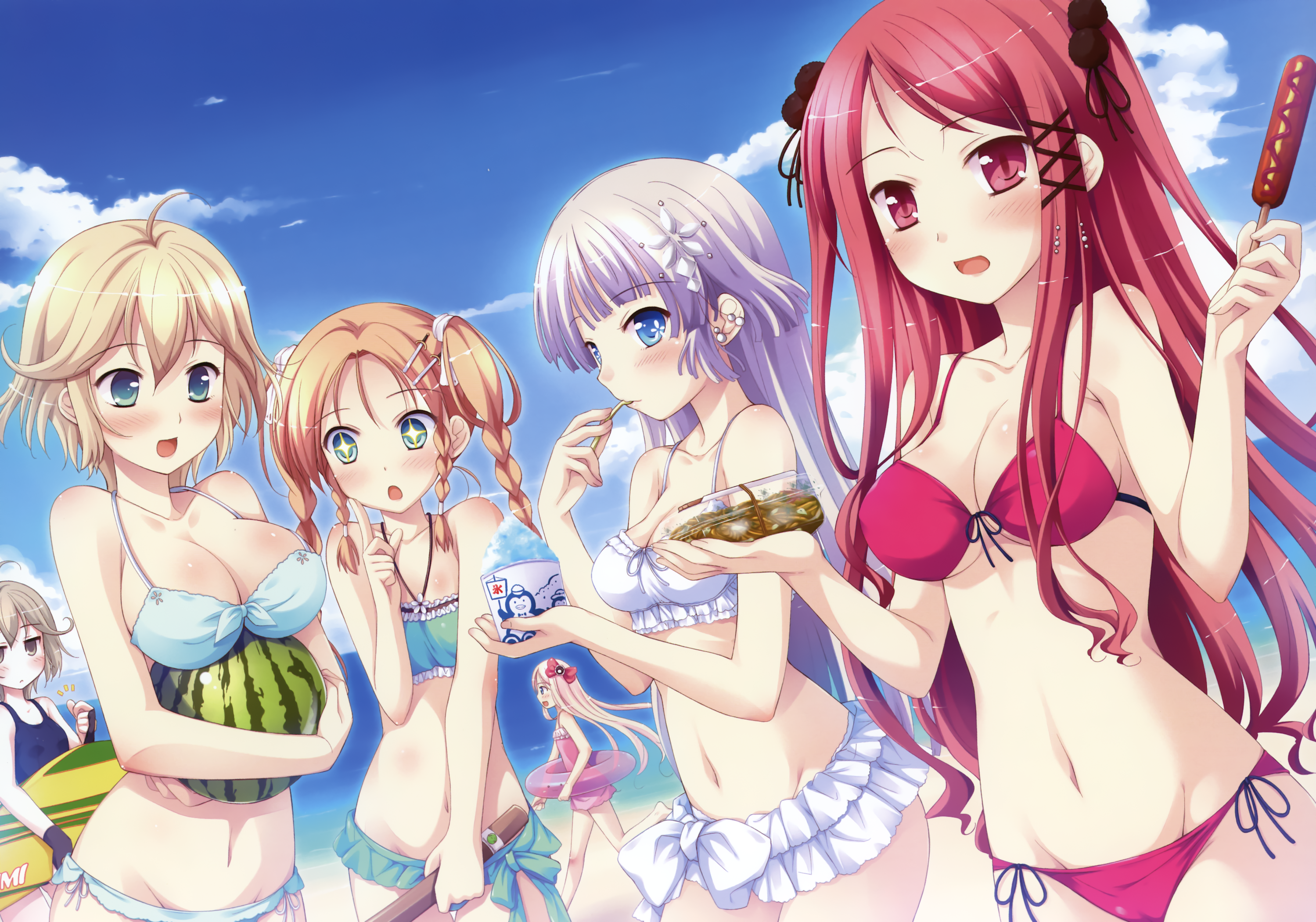 bikini cleavage hatano_ririko hinomiya_ayari ko~cha saimon_eclair saimon_misumi school_swimsuit swimsuits windmill_oasis witch's_garden yukimura_suzuno