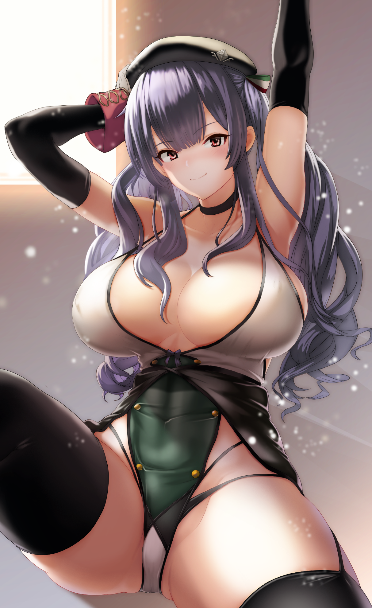 azur_lane cleavage effort_star erect_nipples leotard no_bra pola_(azur_lane) stockings thighhighs