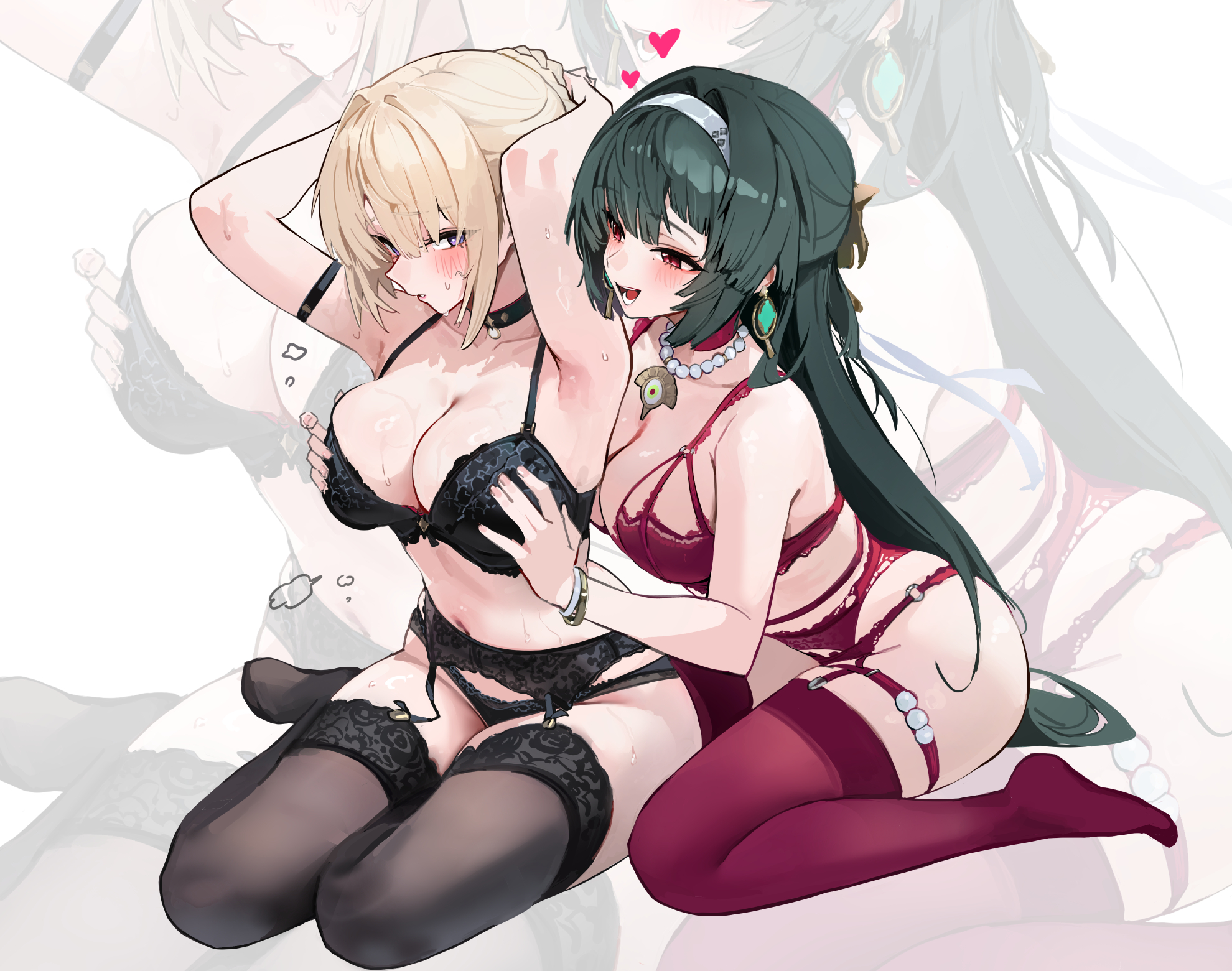 astra_yao bra breast_hold chela77 evelyn_chevalier garter garter_belt lingerie pantsu stockings thighhighs wet yuri zenless_zone_zero