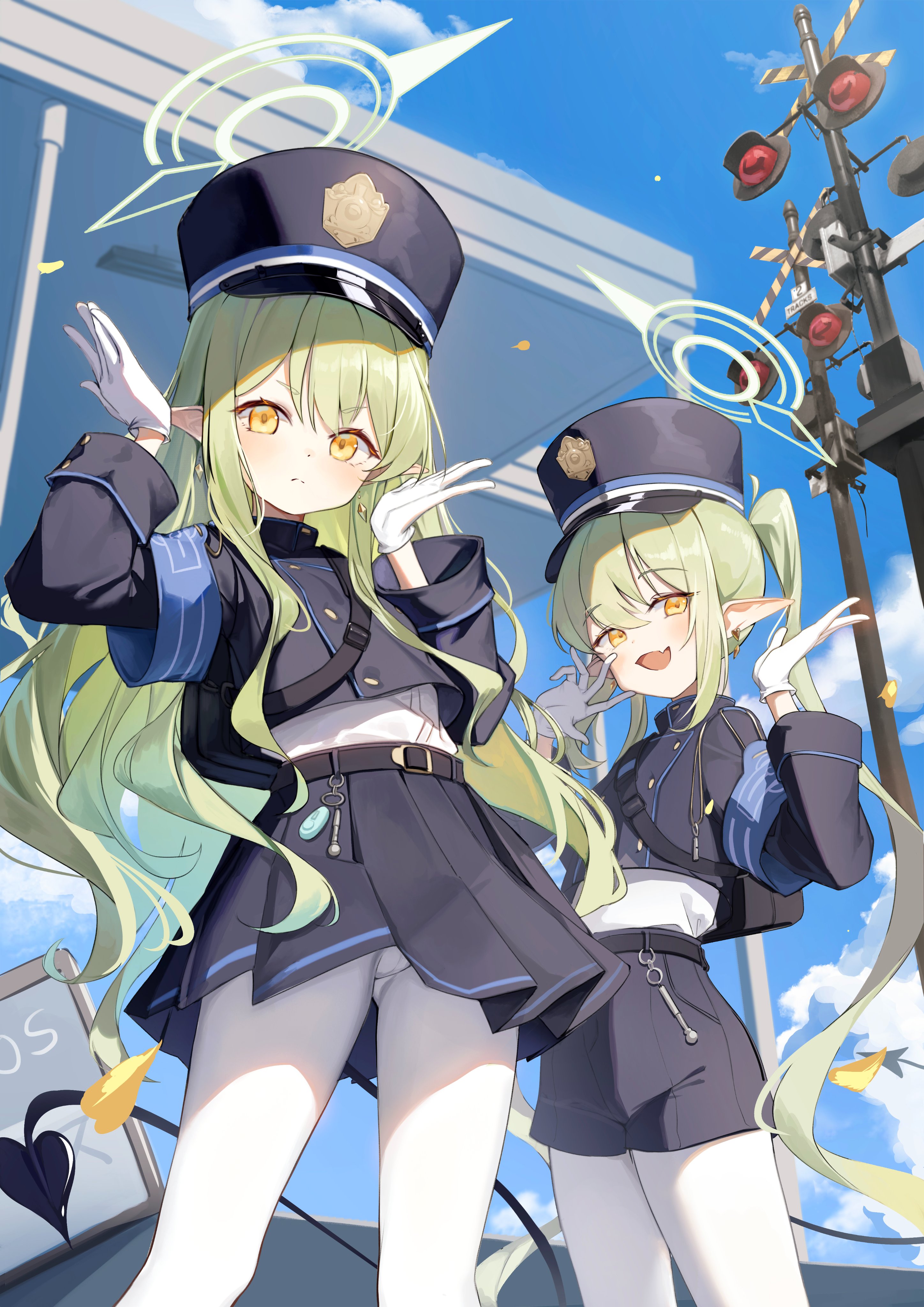 blue_archive dampi halo loli pantyhose pointy_ears skirt_lift tachibana_hikari tachibana_nozomi tail uniform