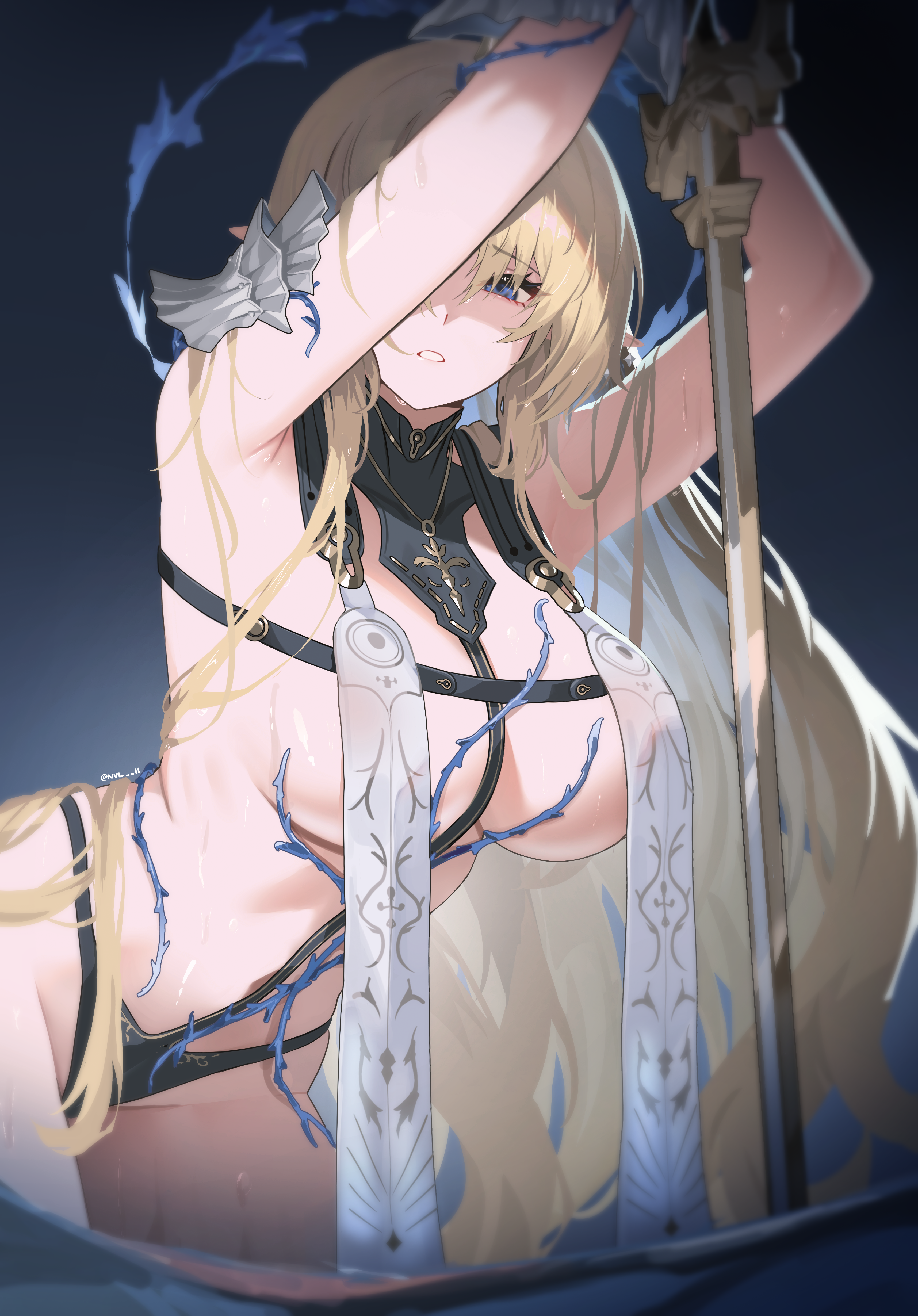 armor fleurdelys no_bra nvl pantsu pointy_ears sword thong wet wuthering_waves