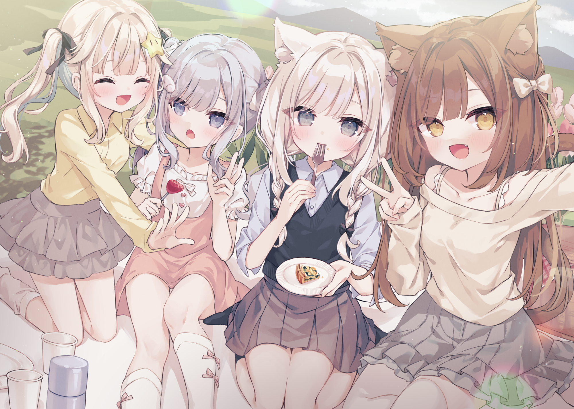 animal_ears ao_(hoshi) cream dress dress_shirt hoshi inumimi kohaku_(hoshi) mashiro_(hoshi) nekomimi selfie sweater tail thighhighs v_hoshi