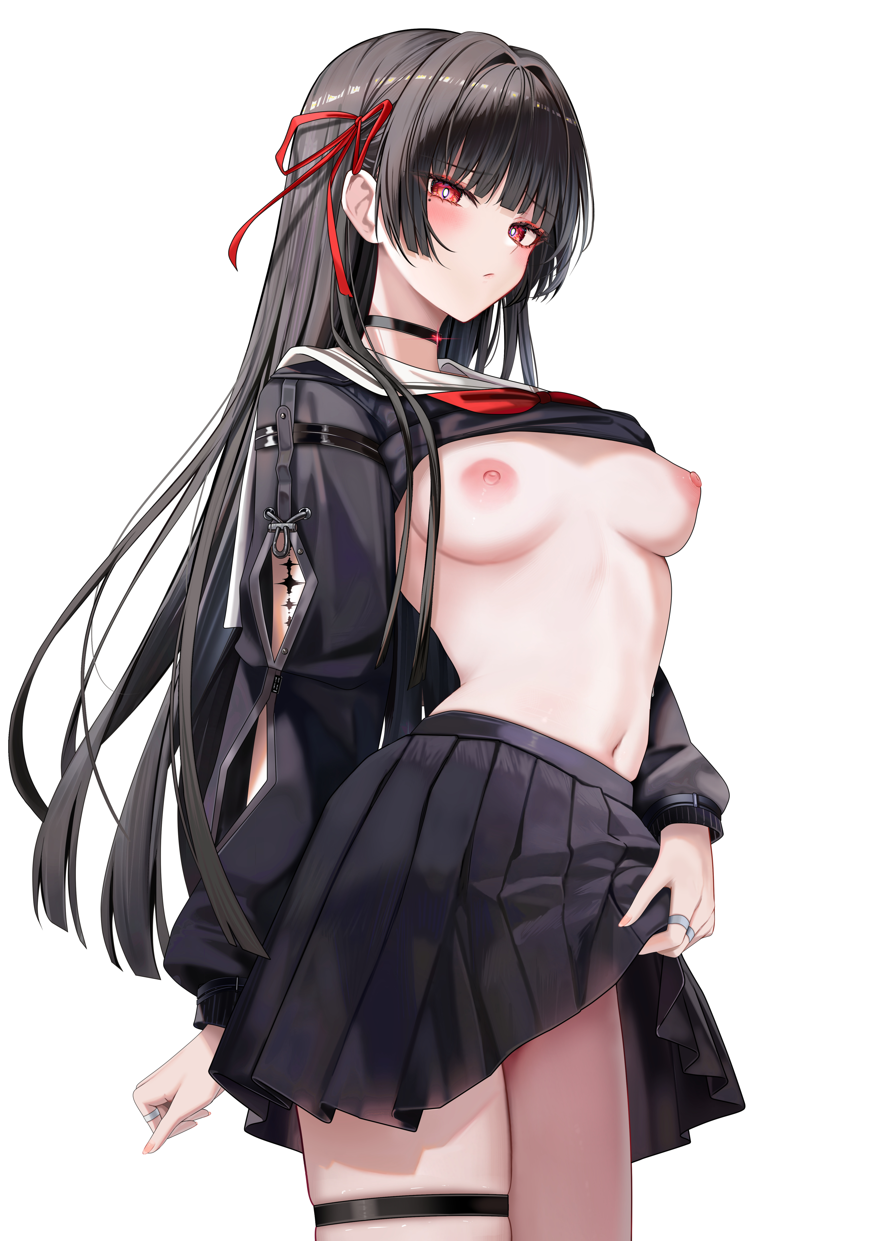 breasts chisa garter nipples no_bra ru_zhai seifuku shirt_lift skirt_lift tattoo wuthering_waves