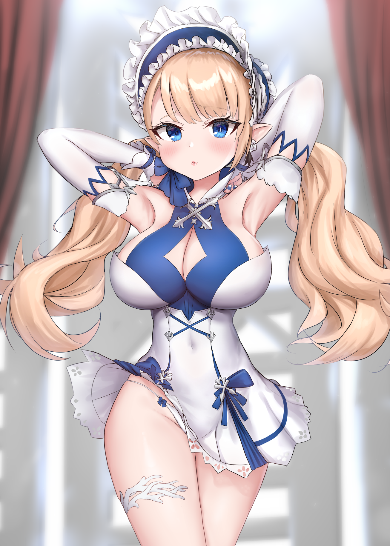 dress mabinogi nezumi7983 no_bra pantsu pointy_ears skirt_lift tattoo