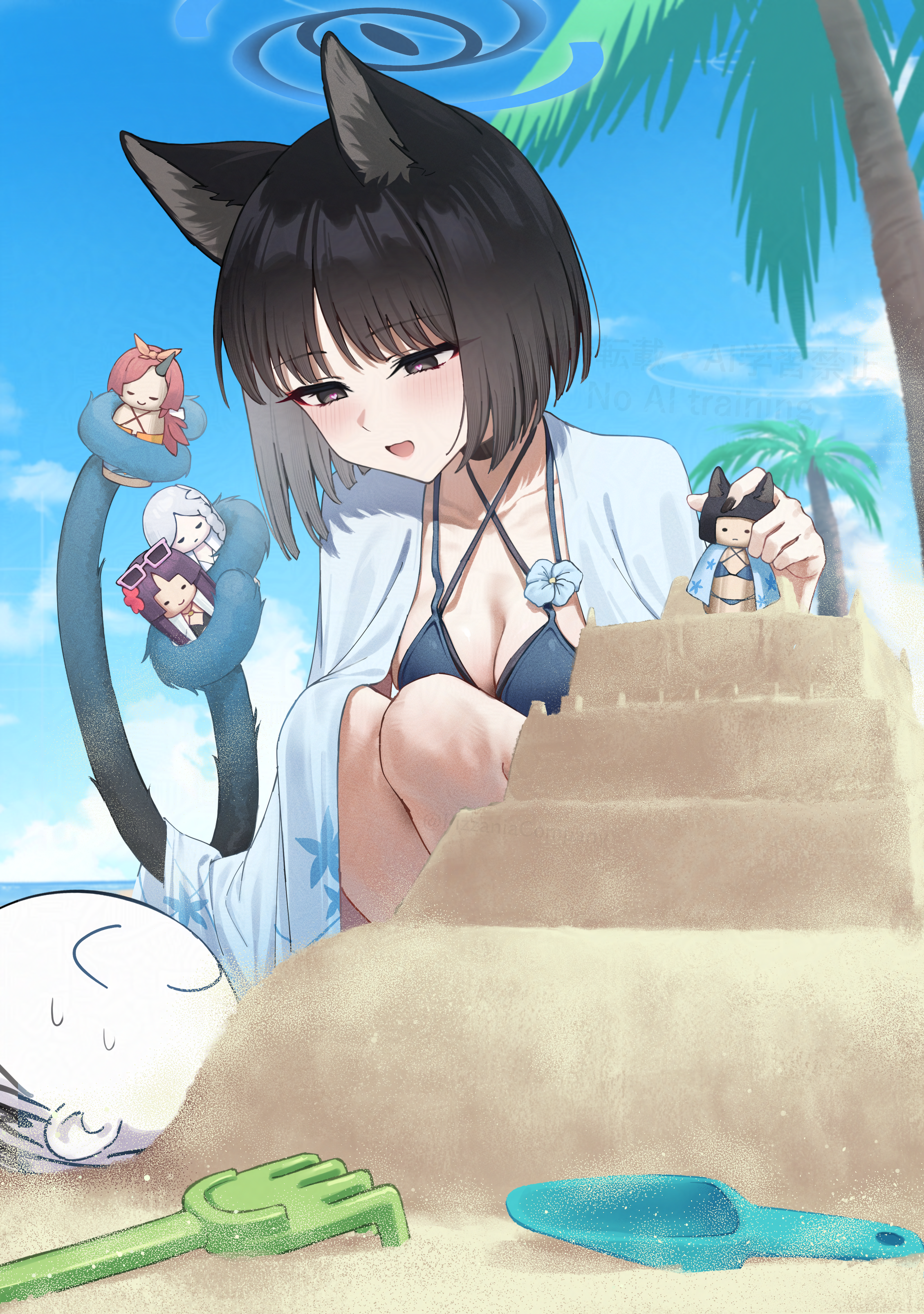 animal_ears bikini blue_archive chibi fuwa_renge goryou_nagusa halo kadenokouji_yukari kyouyama_kazusa nekomimi pizza_(artist) swimsuits tail