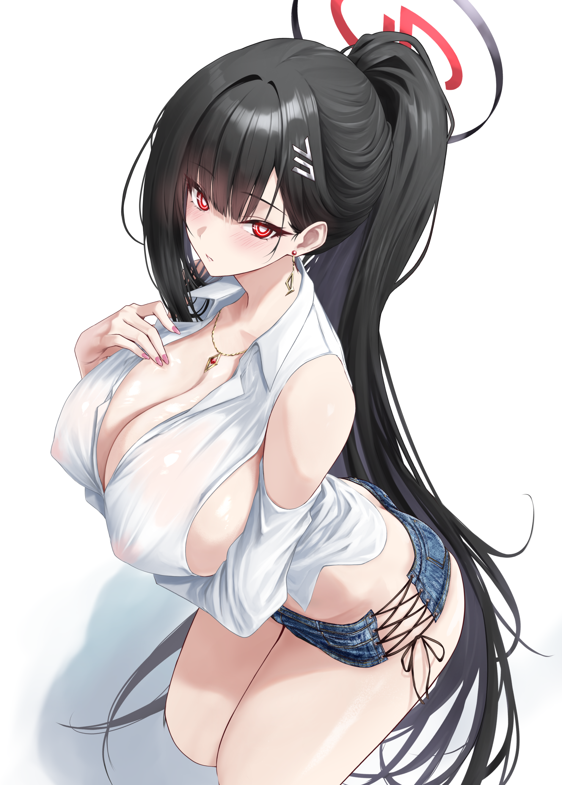 artist_revision blue_archive halo no_bra noa_(skae3323) nopan open_shirt see_through tsukatsuki_rio