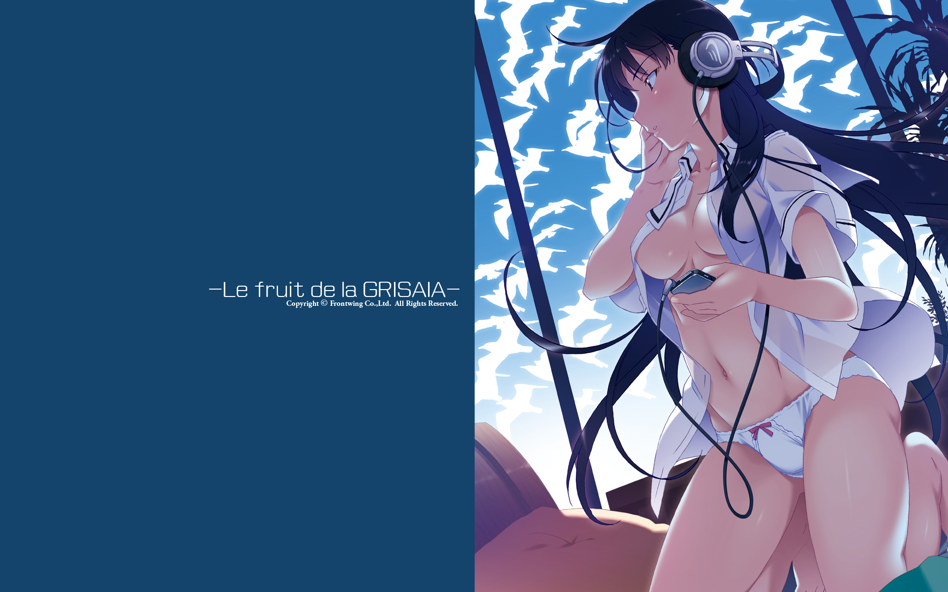 cleavage front_wing grisaia grisaia_no_kajitsu headphones no_bra open_shirt pantsu sakaki_yumiko wallpaper watanabe_akio