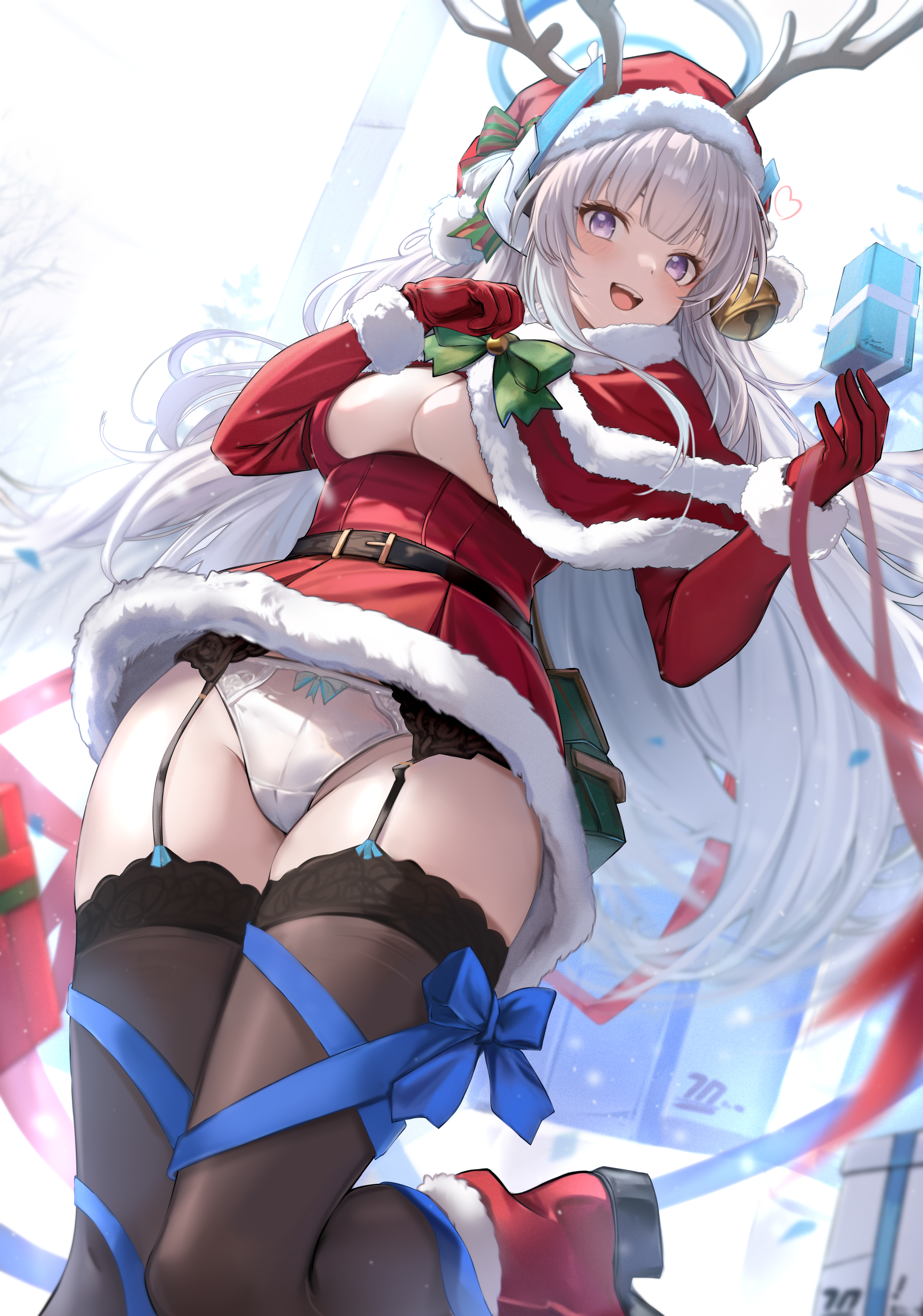 blue_archive christmas dasiu dress garter_belt halo horns no_bra pantsu skirt_lift stockings thighhighs ushio_noa