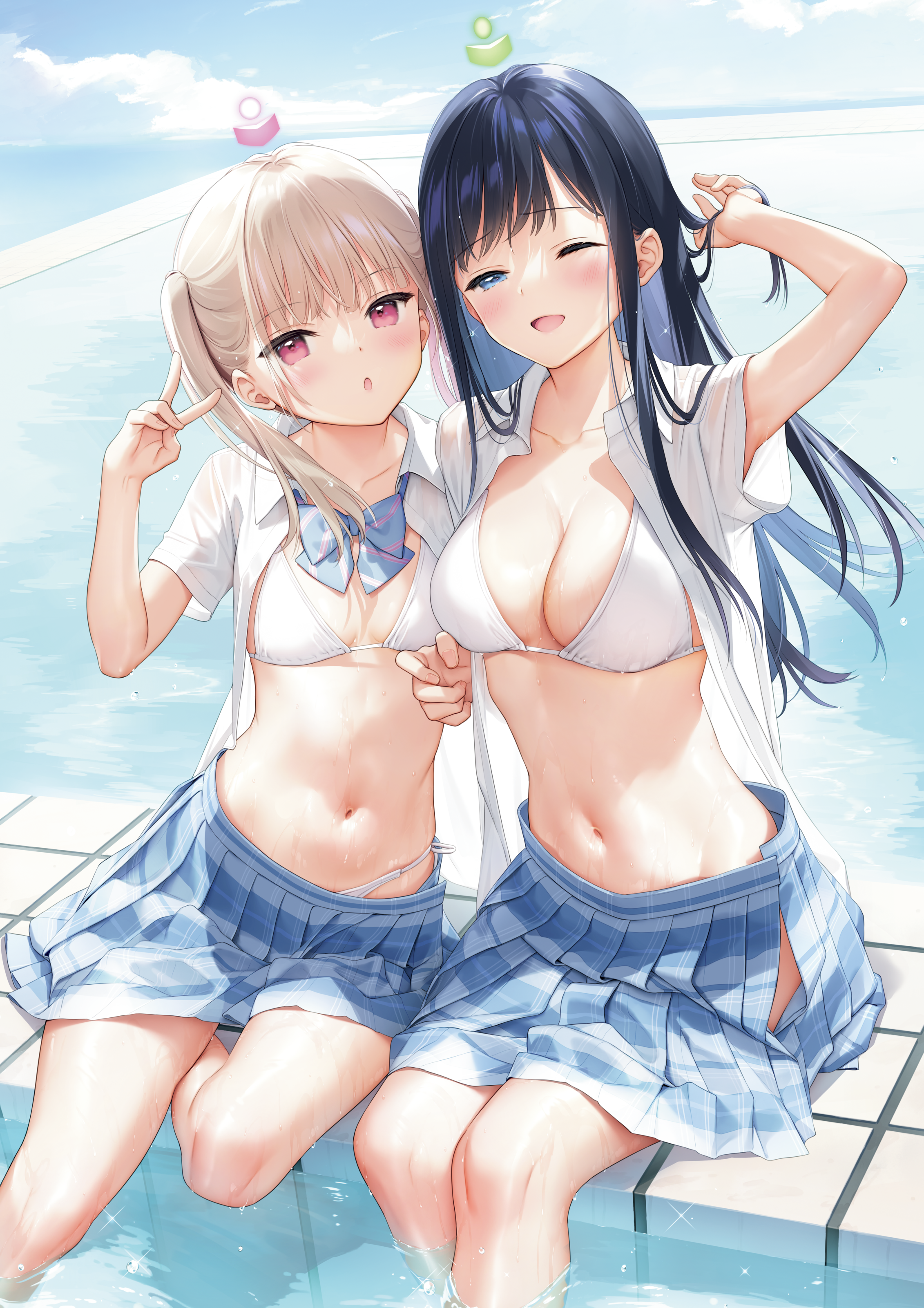 bikini bikini_top digital_version mignon open_shirt see_through seifuku swimsuits wet wet_clothes yuri