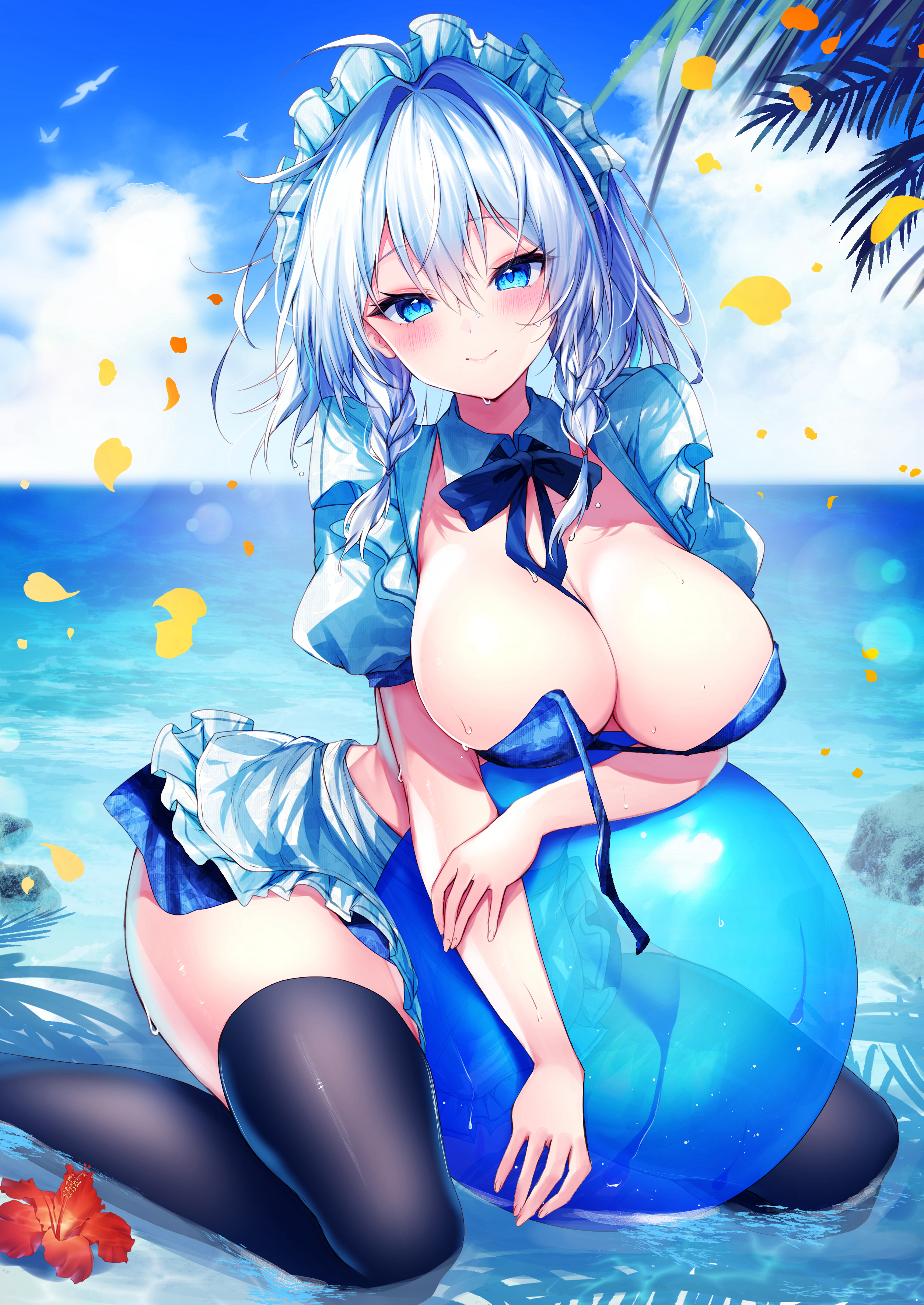 bikini_top izayoi_sakuya maid nenobi_(nenorium) swimsuits thighhighs touhou wet