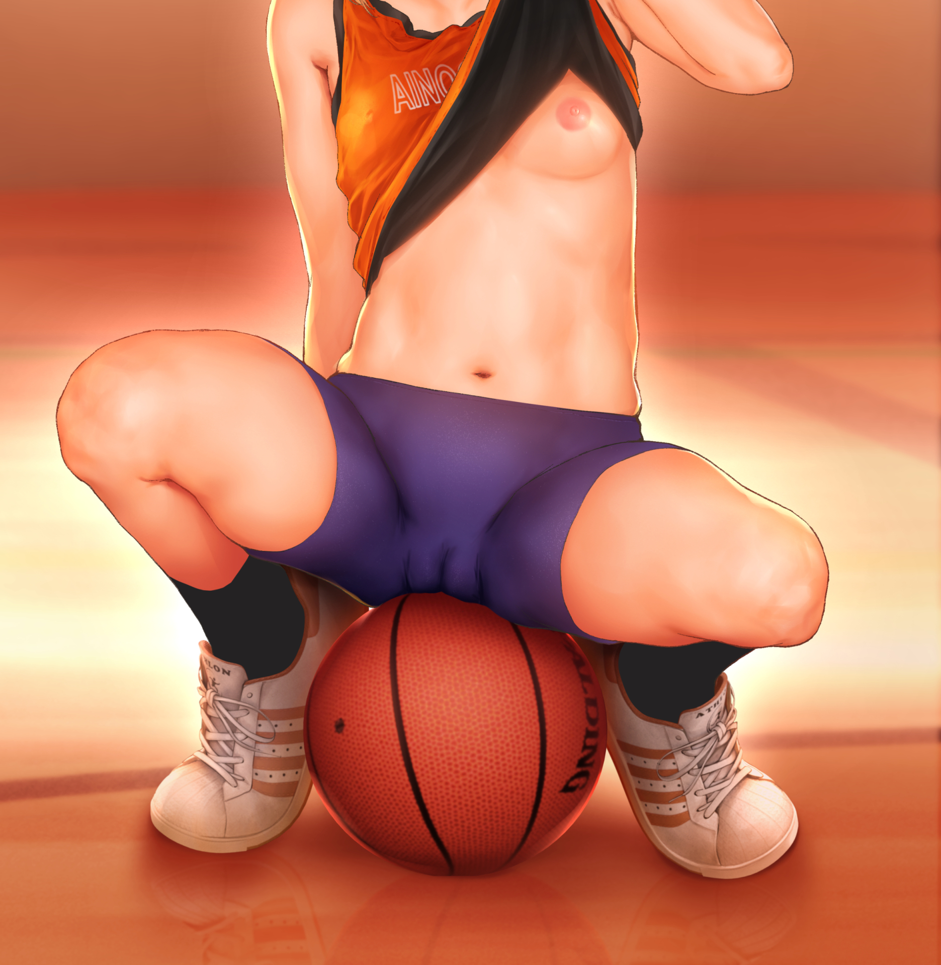 basketball bike_shorts breasts cameltoe edanore_rin endou_hiroto gym_uniform nipples no_bra shirt_lift undressing