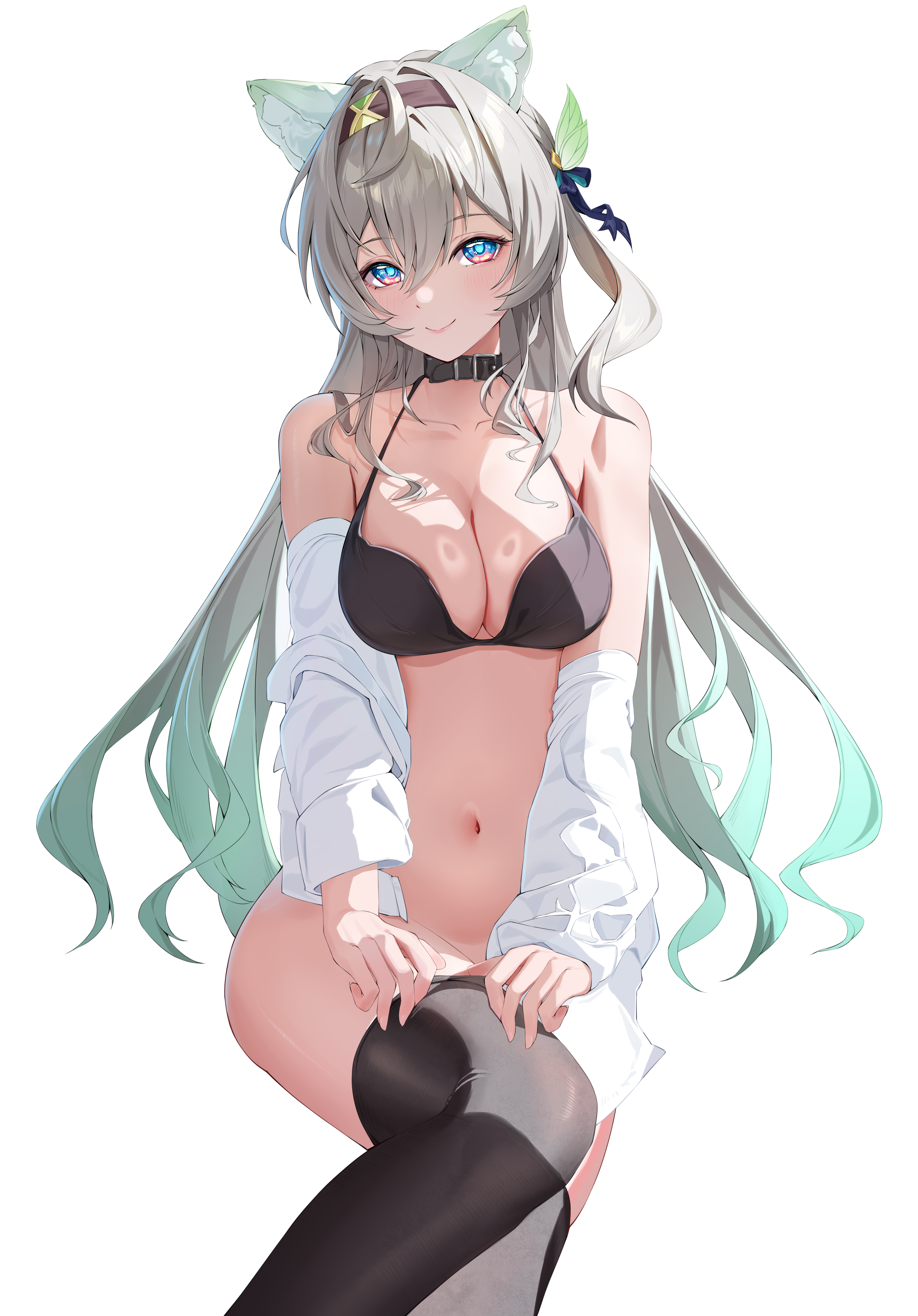 animal_ears bottomless bra firefly honkai:_star_rail katal nekomimi open_shirt thighhighs