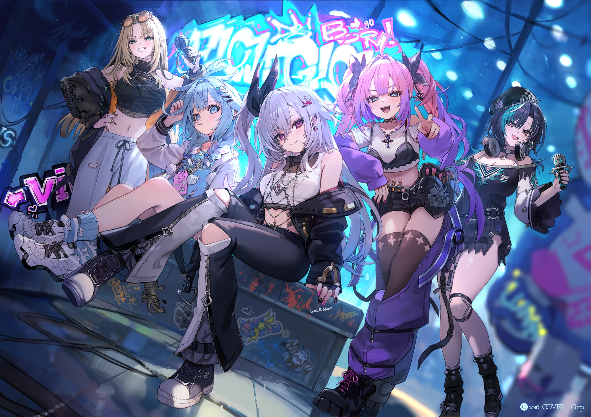 freng garter headphones hololive hololive_dev_is isaki_riona kikirara_vivi koganei_niko megane mizumiya_su rindo_chihaya see_through thighhighs torn_clothes