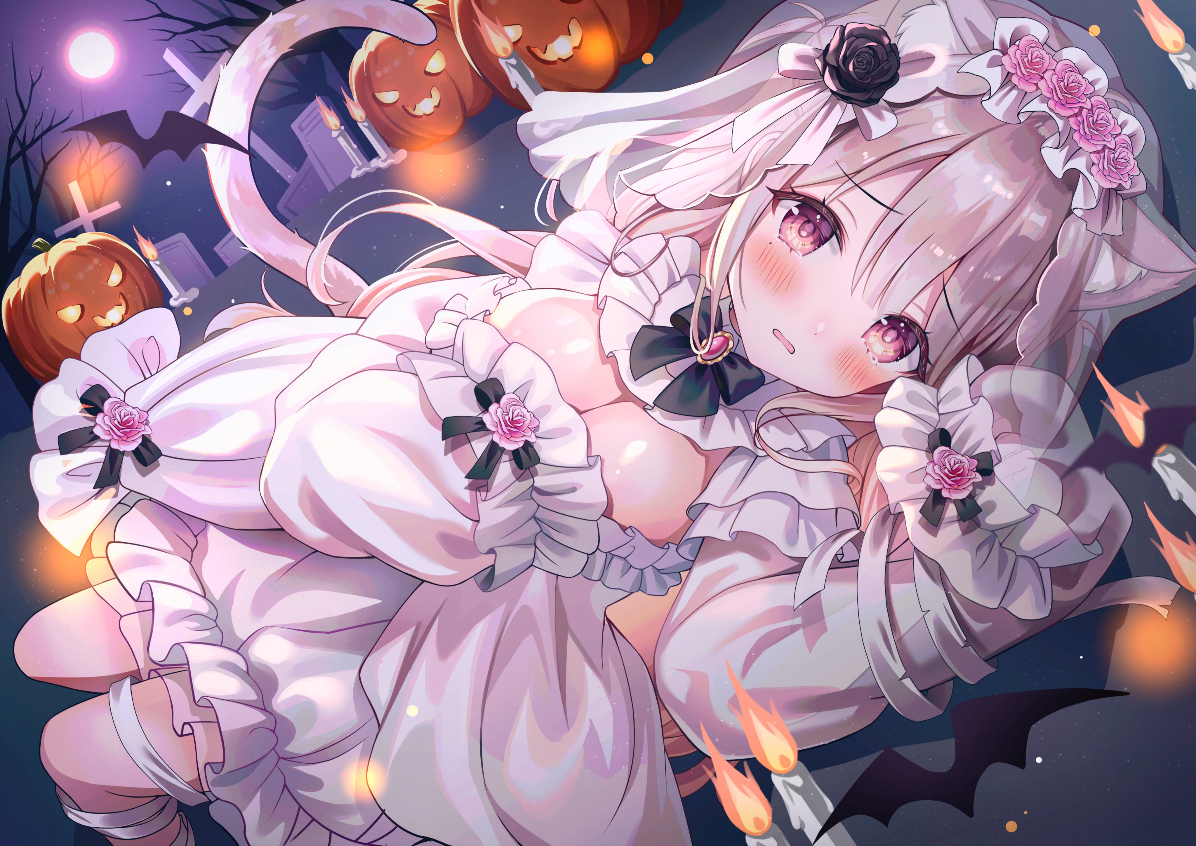 animal_ears bandages dress halloween indie_virtual_youtuber luna_nyann nekomimi no_bra tail uise_iu
