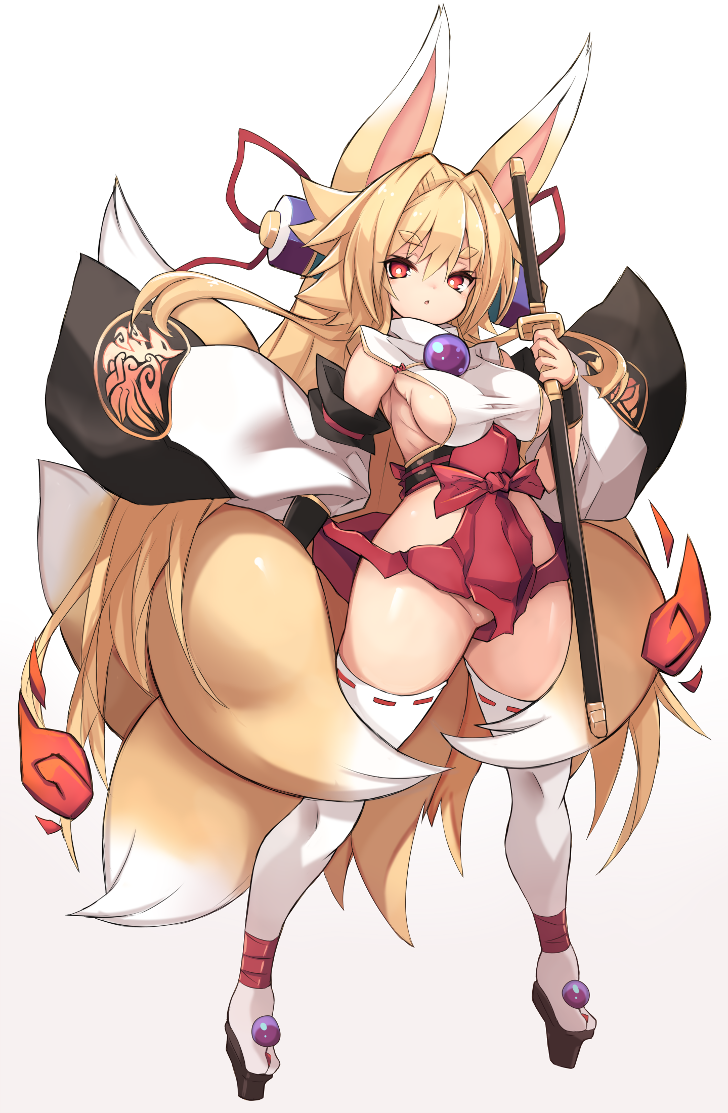 animal_ears erect_nipples izuna_(shinrabansho) karukan kitsune miko no_bra nopan shinrabansho sword tail thighhighs