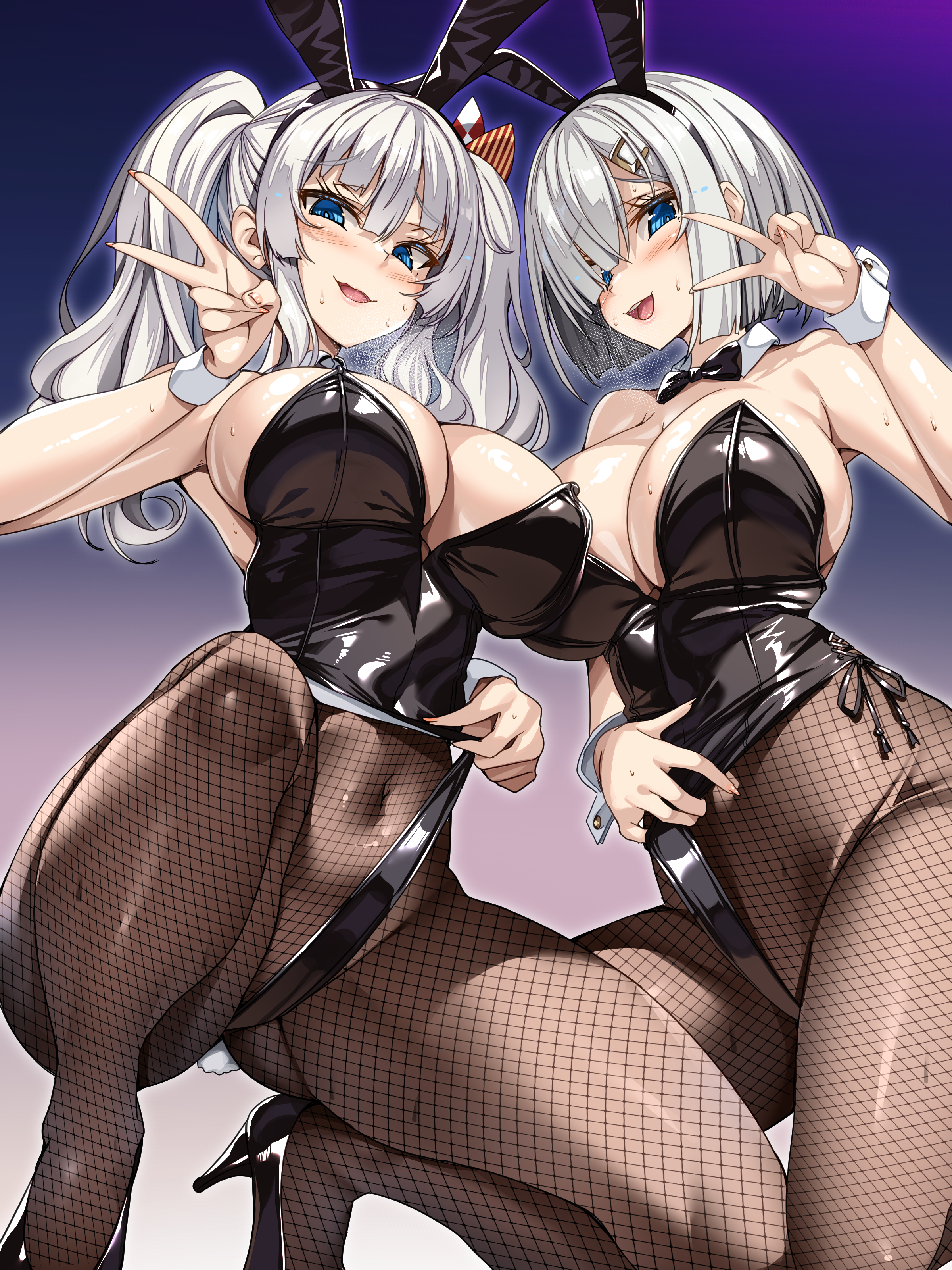 animal_ears bunny_ears bunny_girl fishnets hamakaze_(kancolle) heels kantai_collection kashima_(kancolle) no_bra pantyhose tail torisan wet