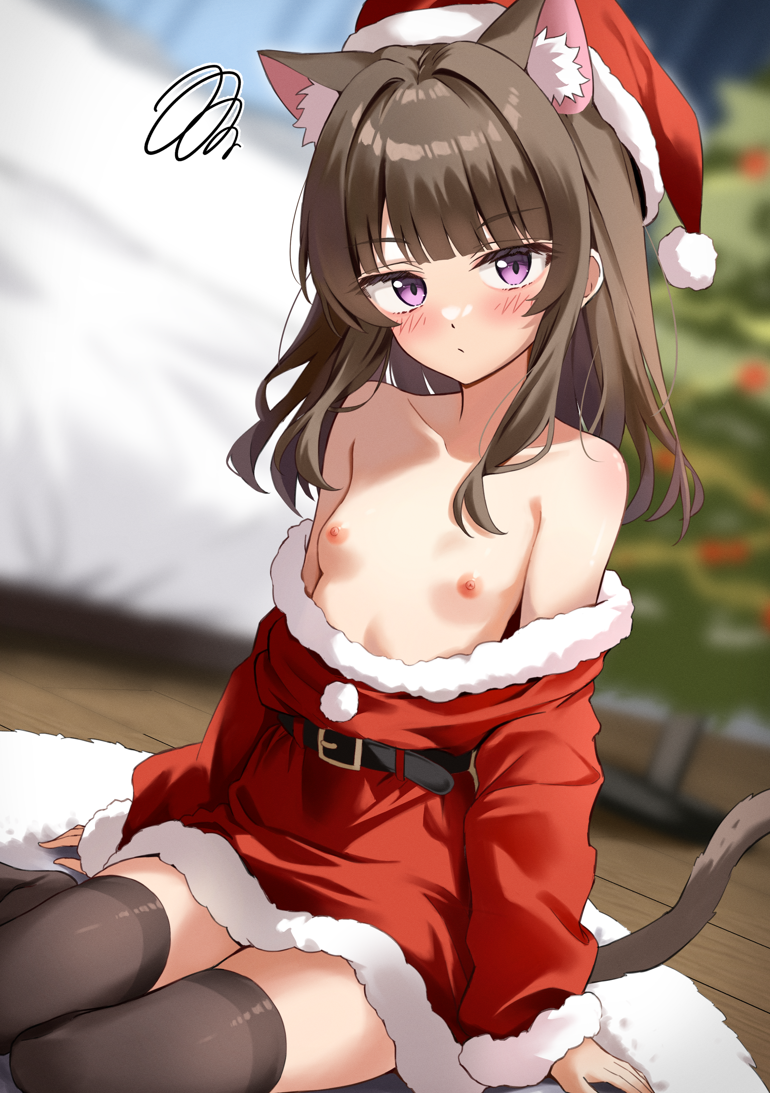 animal_ears breasts christmas dress loli nekomimi nipples no_bra tail thalia thighhighs