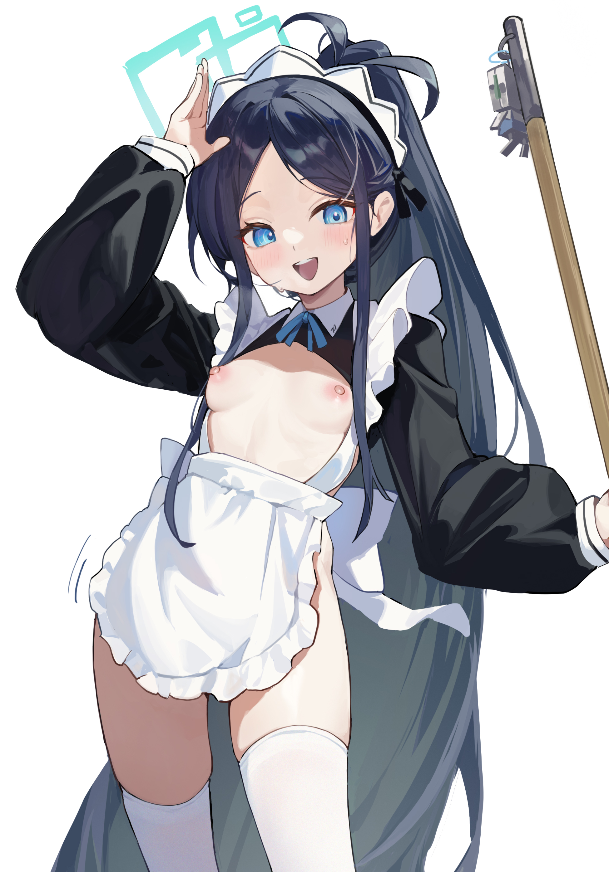 blue_archive breasts halo maid nipples no_bra suye tendou_arisu thighhighs