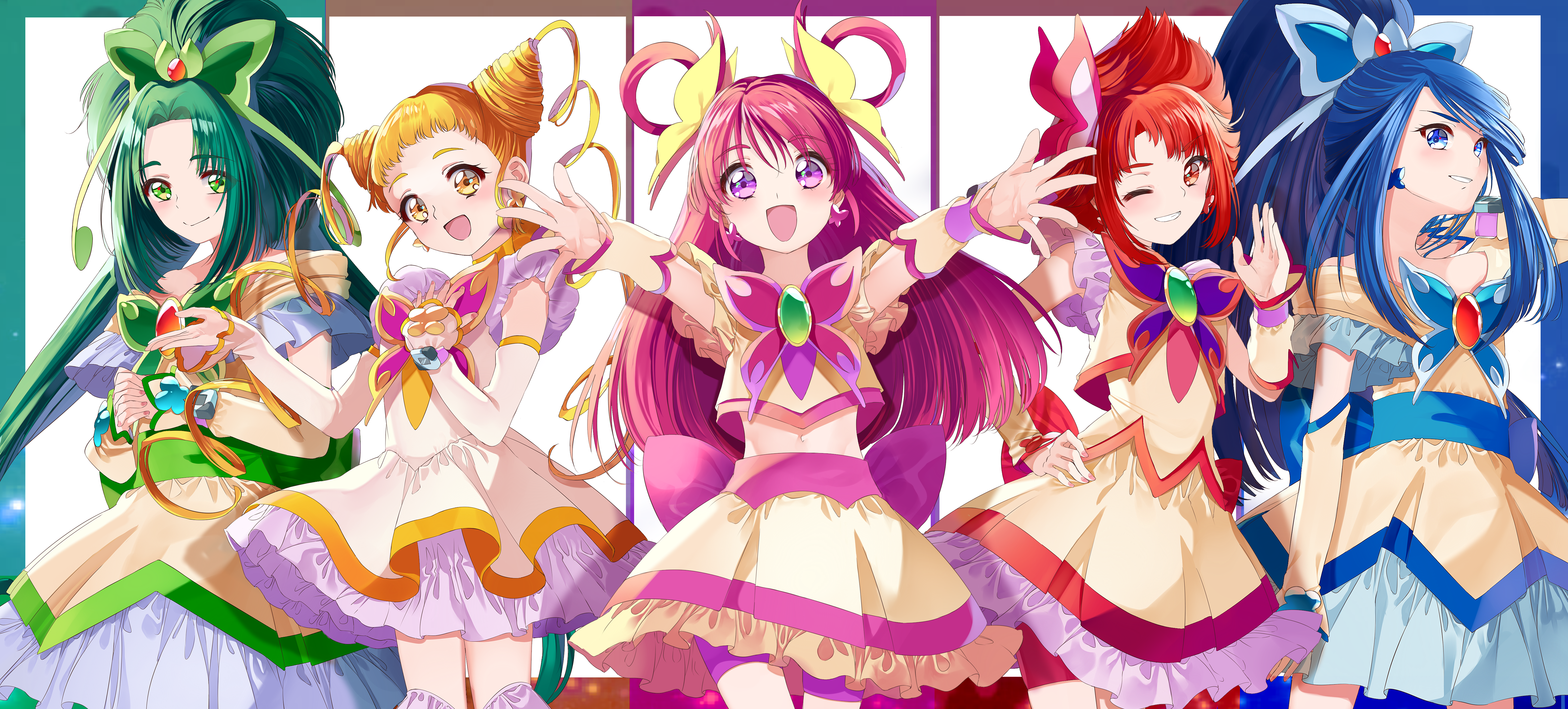 akimoto_komachi bike_shorts dress kasugano_urara minazuki_karen natsuki_rin precure yes!_precure_5 yumehara_nozomi yuutarou_(pixiv822664)