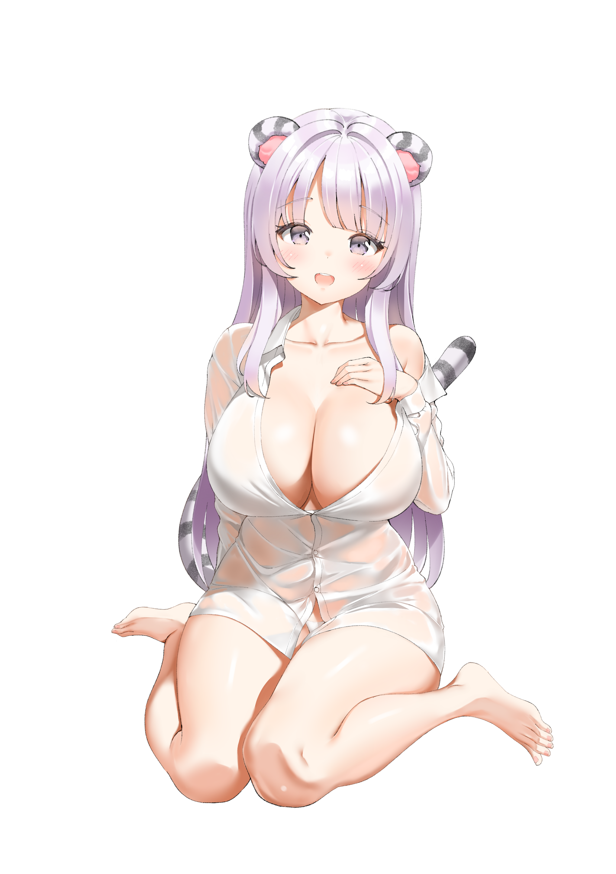animal_ears dress_shirt keibeam nekomimi no_bra open_shirt pantsu see_through tail wet_clothes