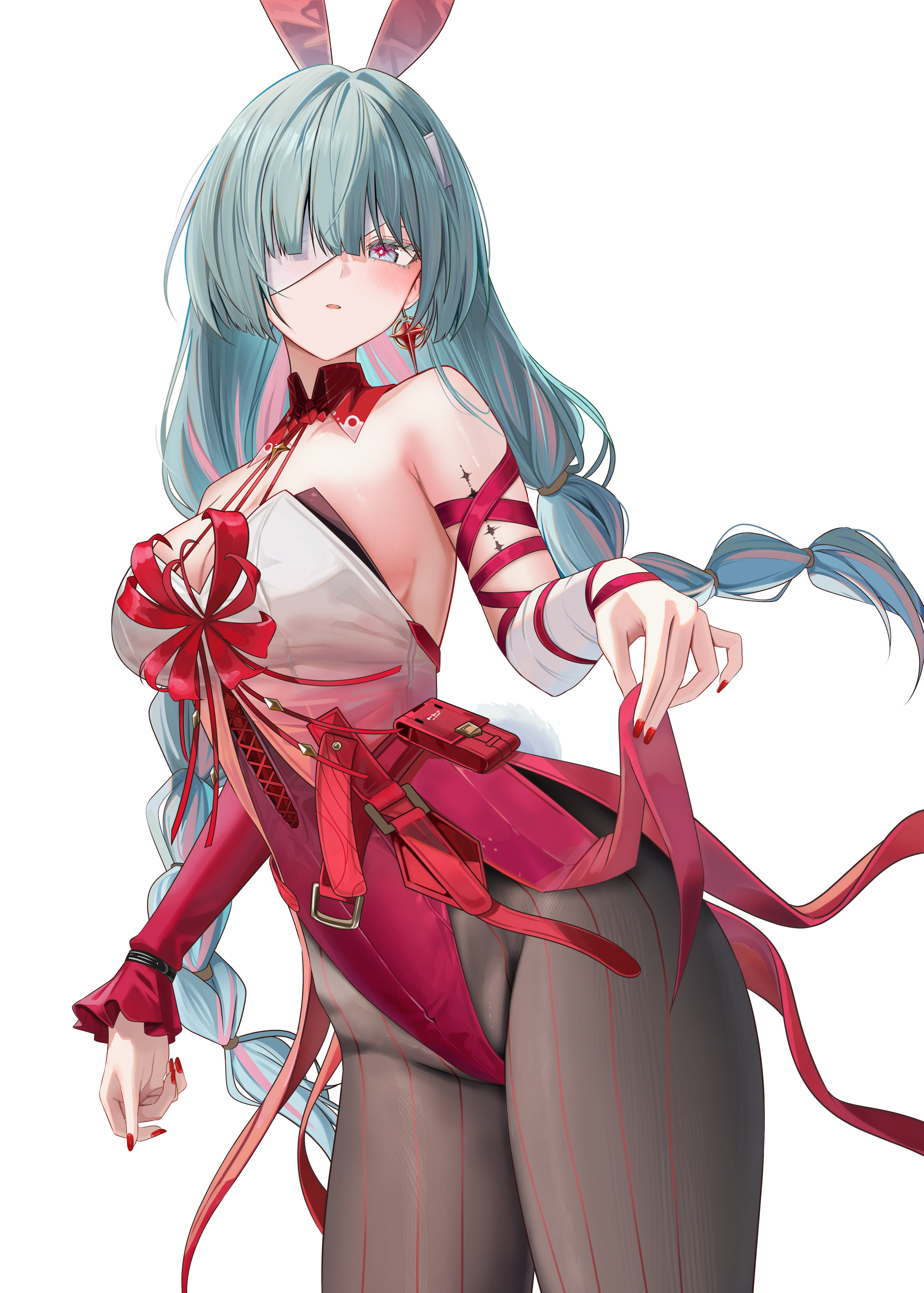 animal_ears bandages bunny_ears bunny_girl eyepatch no_bra pantyhose phrolova ru_zhai skirt_lift tail tattoo wuthering_waves