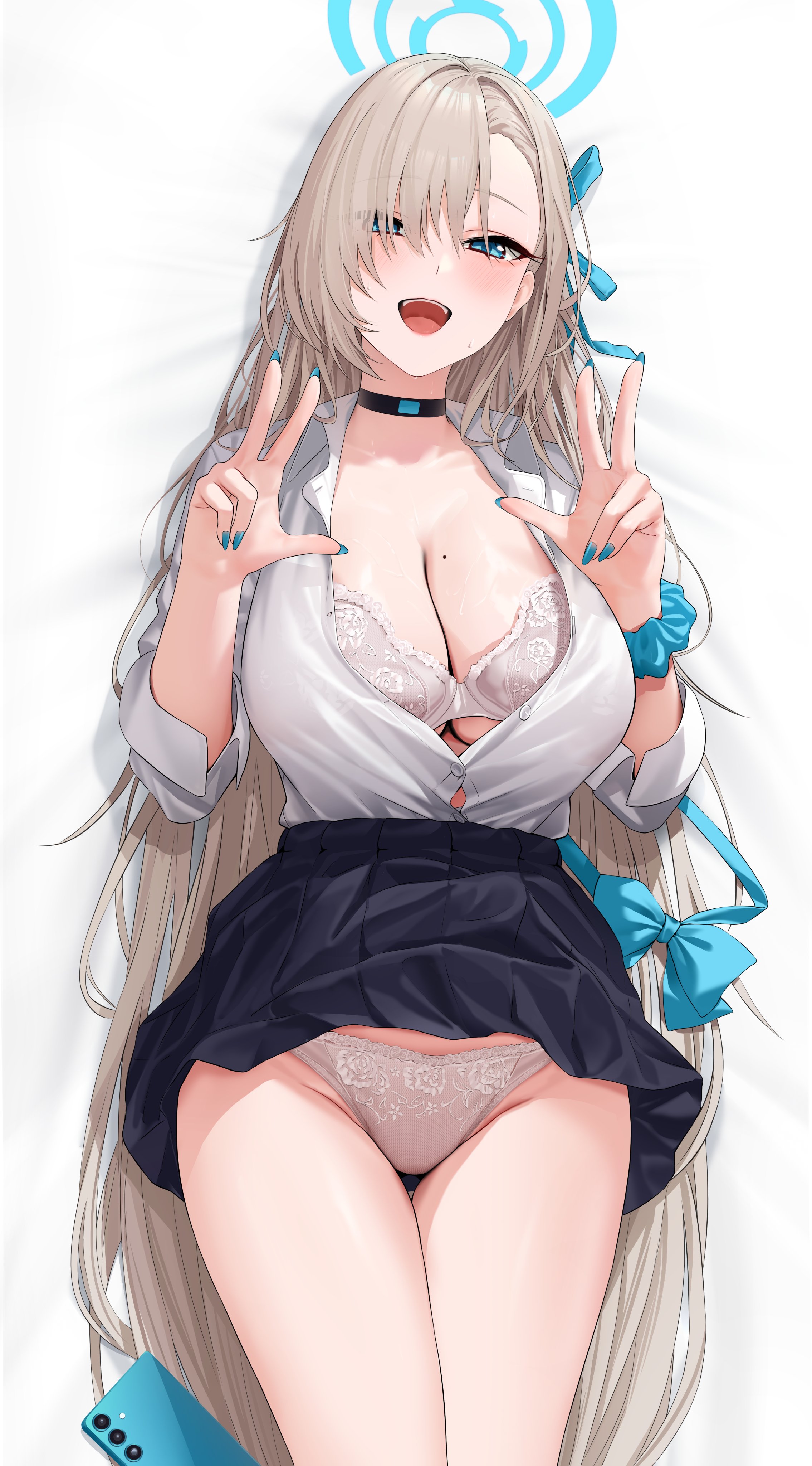 blue_archive bra halo ichinose_asuna open_shirt pantsu seifuku skirt_lift wanne