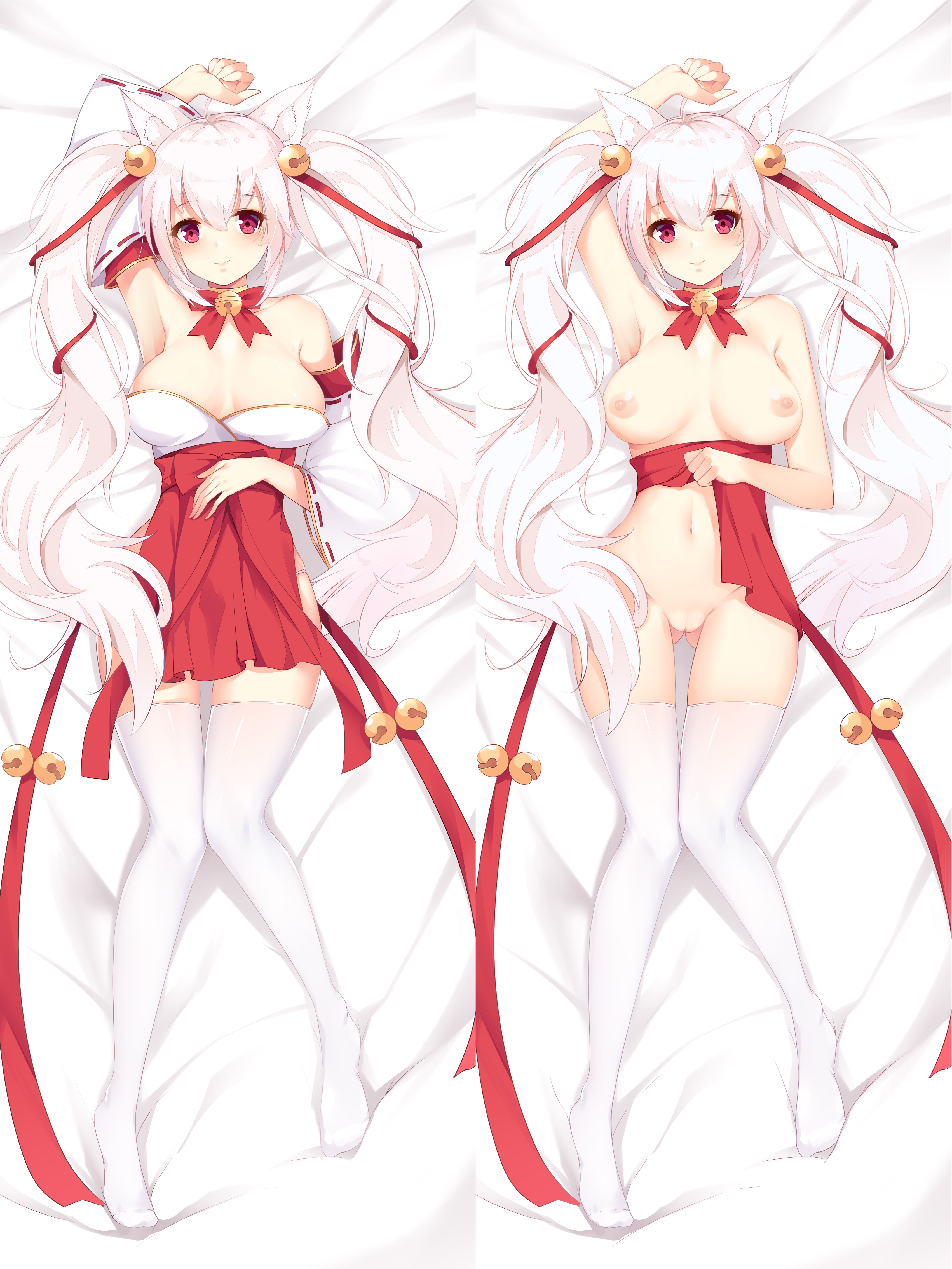 animal_ears dakimakura miko nipples no_bra nopan p-a-cheng pussy skirt_lift thighhighs topless uncensored undressing