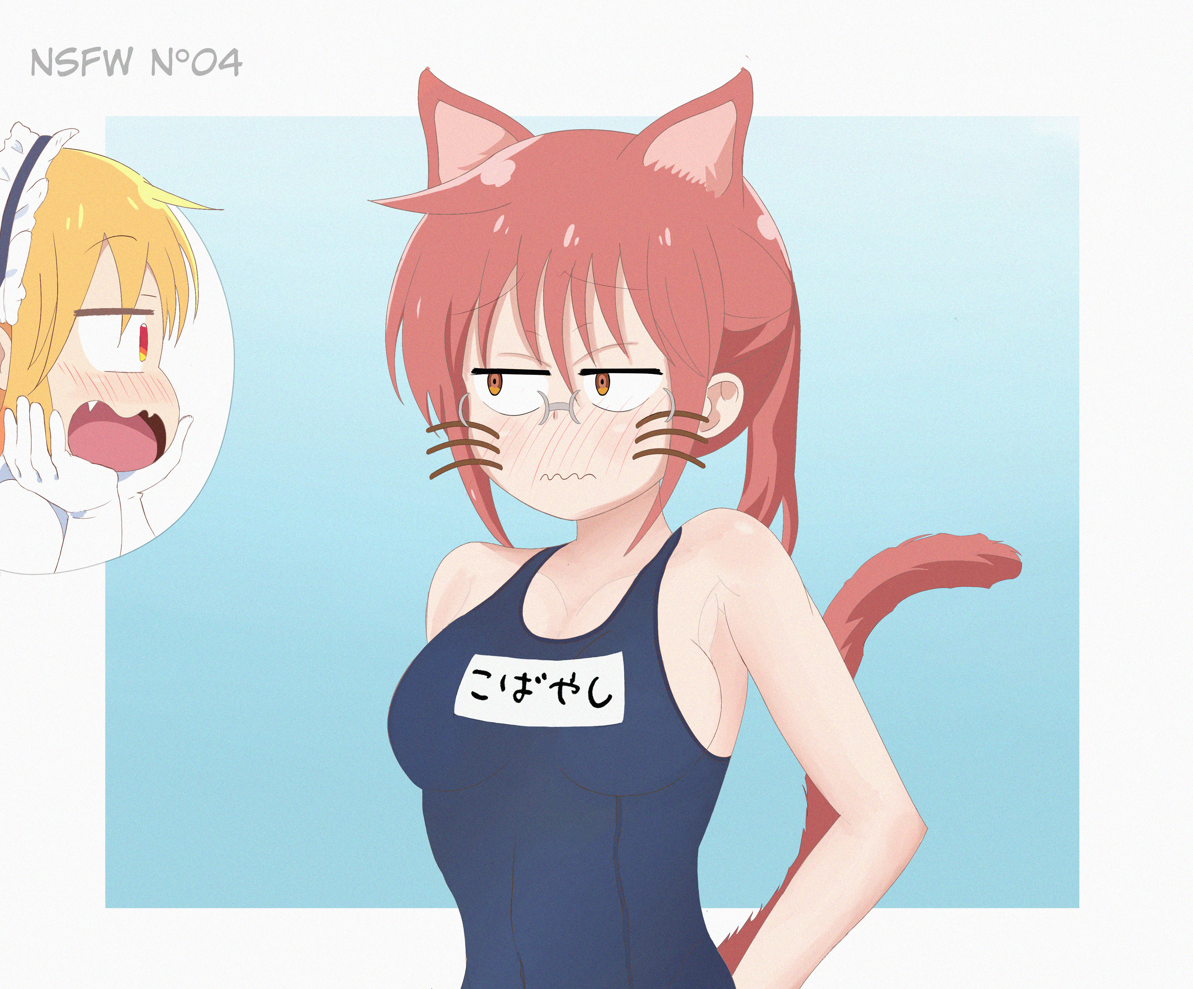 animal_ears jouly kobayashi-san_chi_no_maidragon kobayashi_(maidragon) megane nekomimi school_swimsuit swimsuits tail tooru_(maidragon)