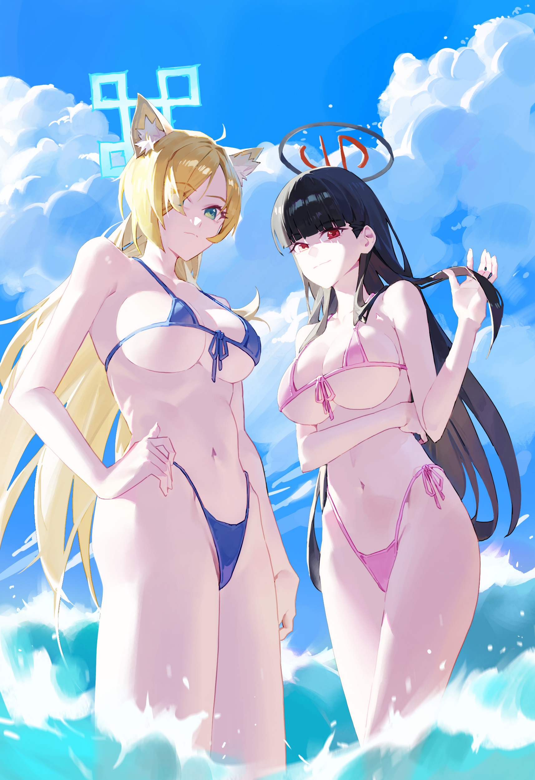 animal_ears bikini blue_archive halo inumimi ogata_kanna_(blue_archive) rinchen_garun swimsuits tsukatsuki_rio wet