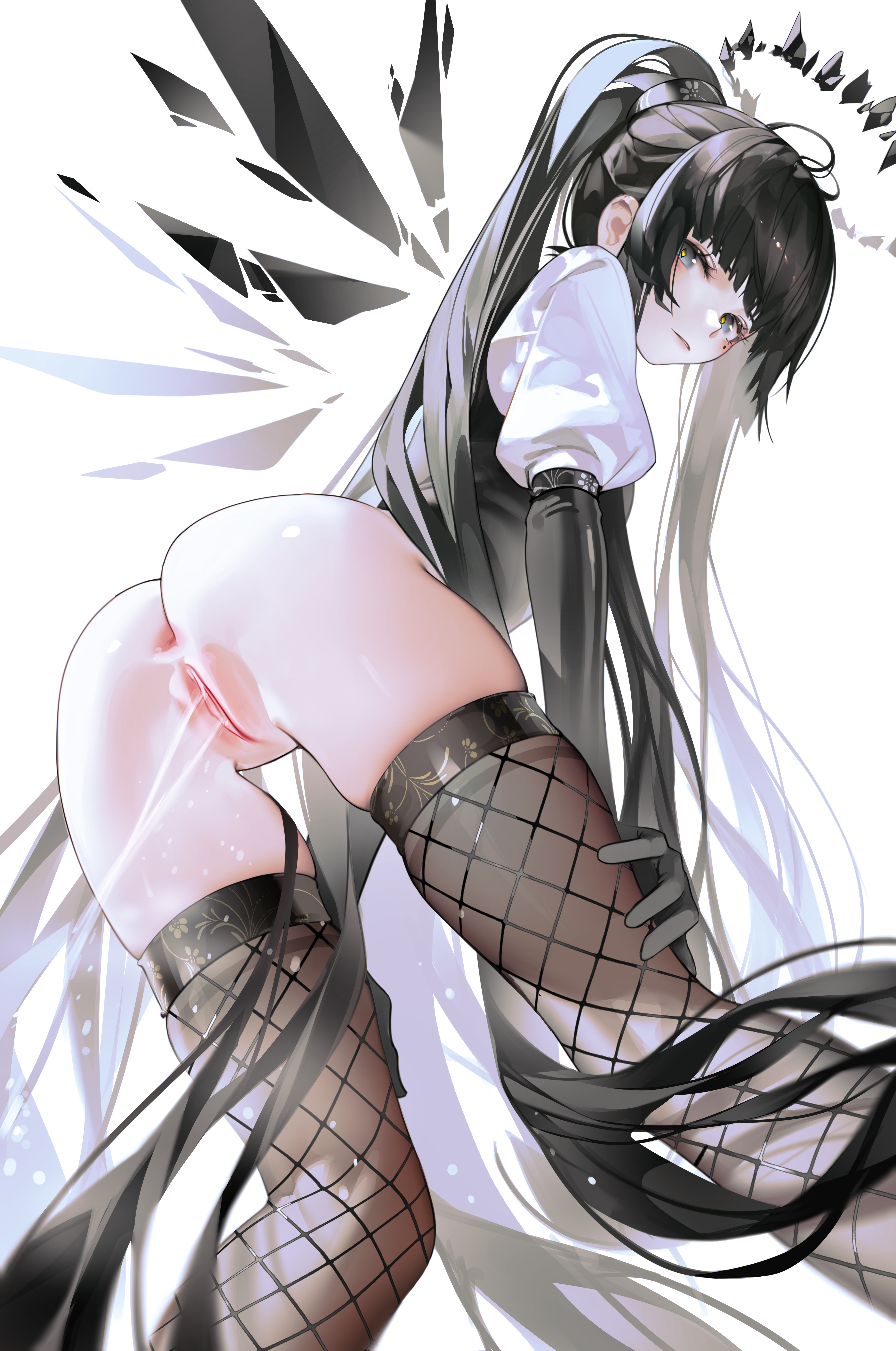 angel anus arknights ass bottomless fishnets iumu pee pussy pussy_juice thighhighs uncensored virtuosa_(arknights) wings