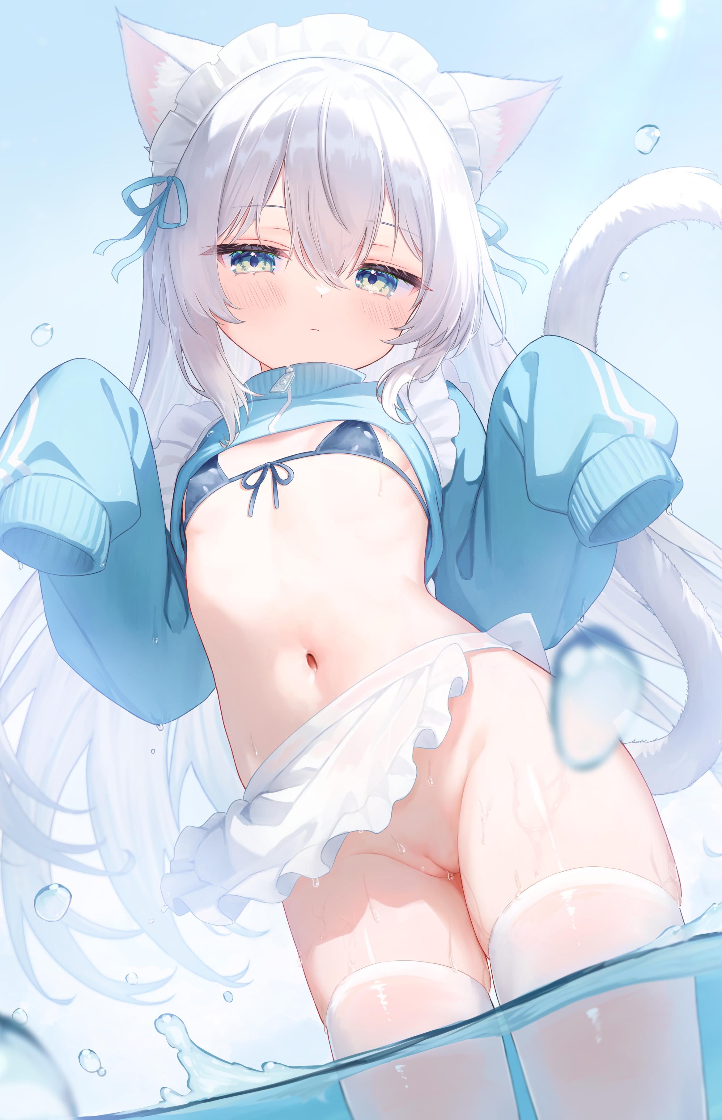 animal_ears bikini_top erect_nipples loli maid nekomimi nopan pussy see_through sese-nagi skirt_lift sweater swimsuits tail thighhighs uncensored wet wet_clothes