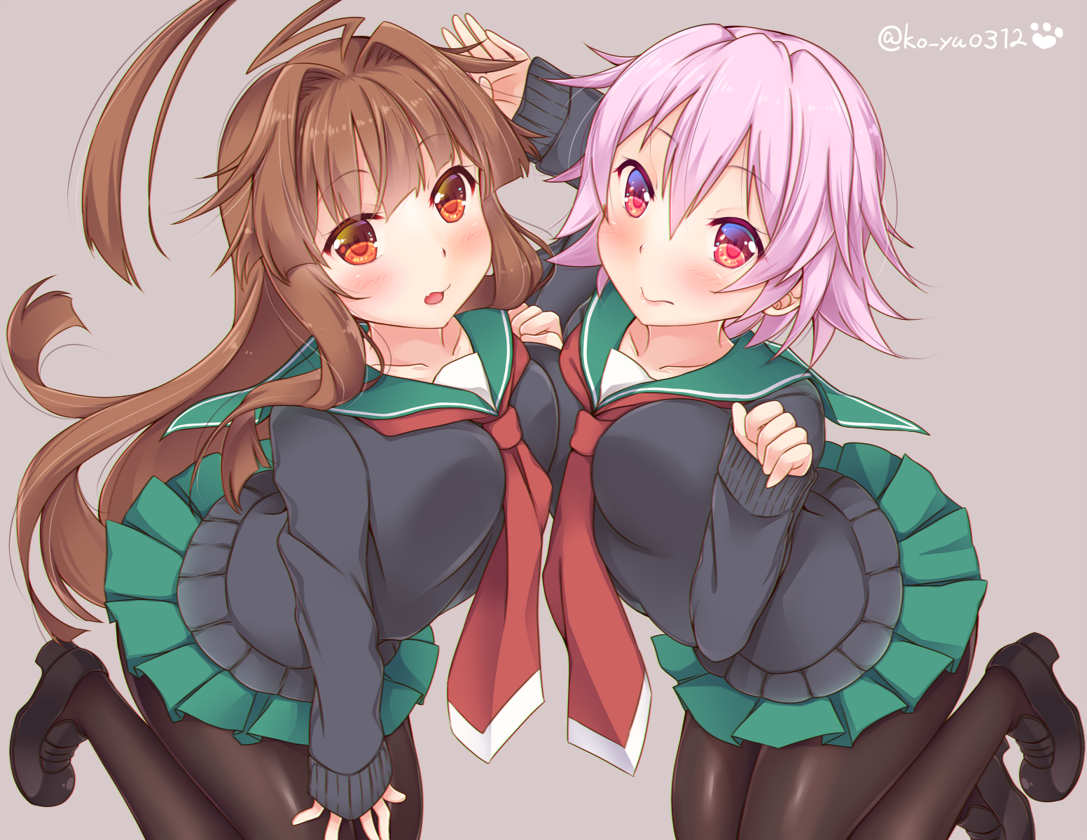 kantai_collection ko_yu kuma_(kancolle) pantyhose seifuku sweater symmetrical_docking tama_(kancolle)