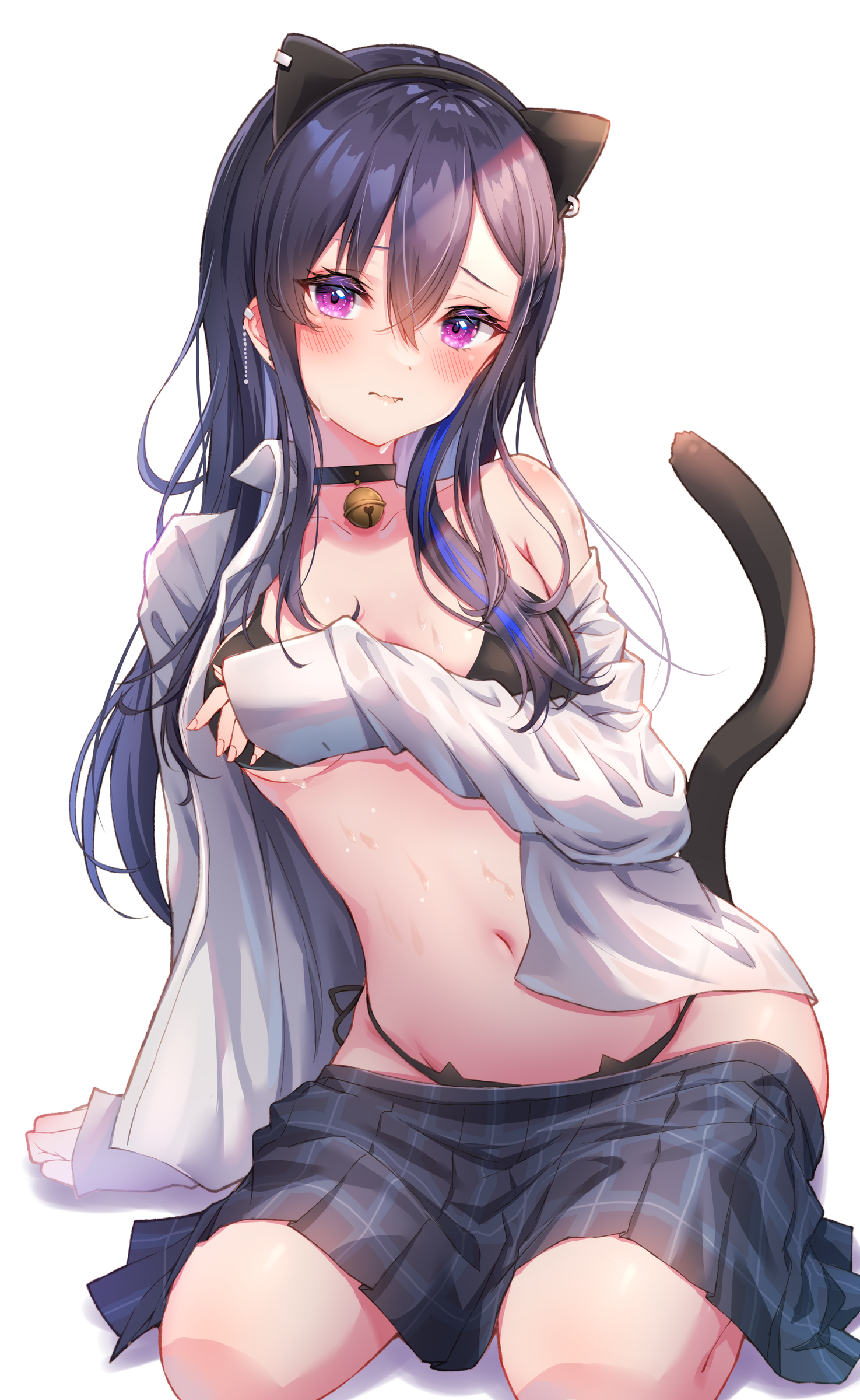 animal_ears bra breast_hold ichinose_uruha lupinus_virtual_games nekomimi open_shirt pantsu seifuku string_panties tail toki_(toki_ship8) vspo! wet_clothes