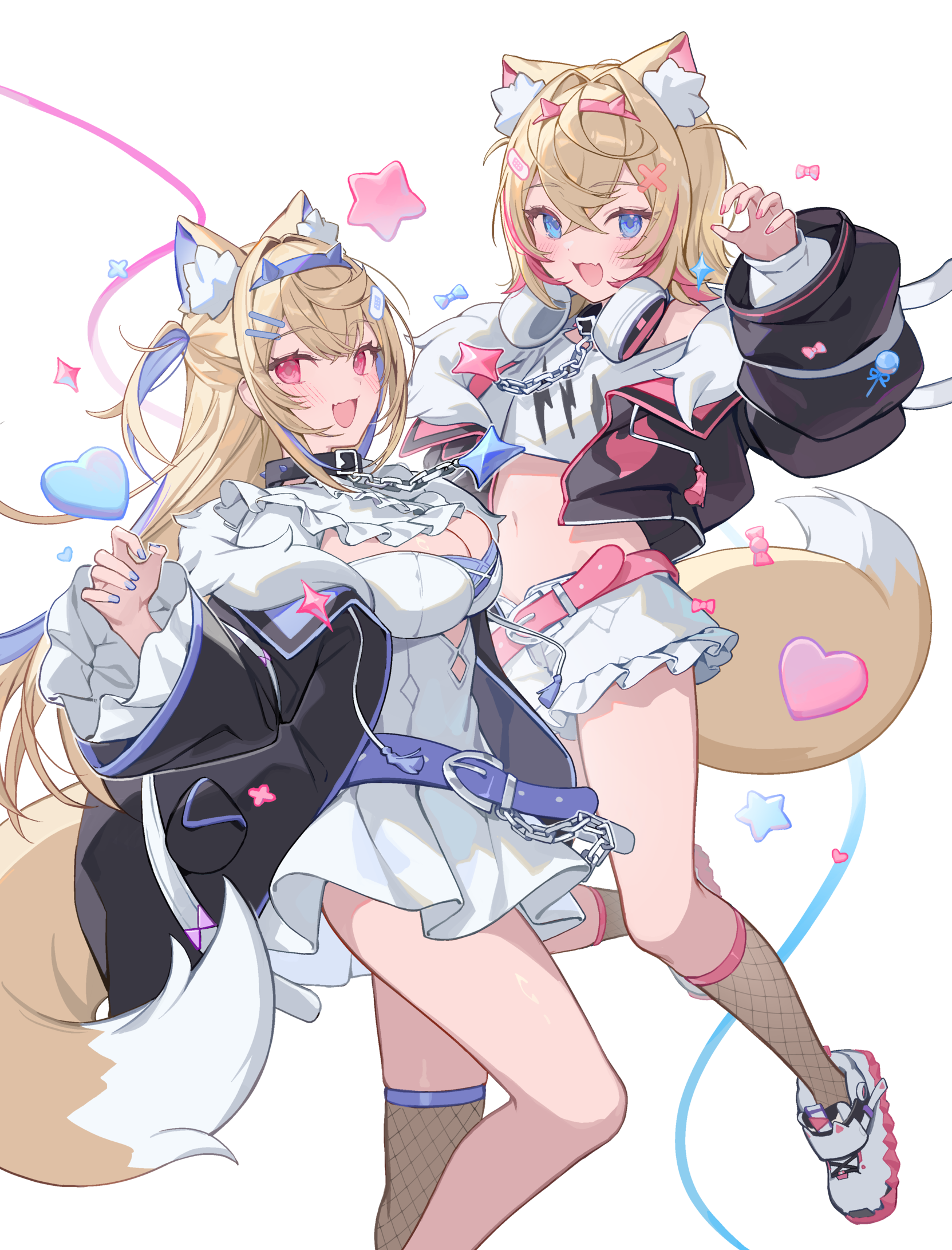 animal_ears bandaid fishnets fuwawa_abyssgard headphones hololive hololive_english icomochi inumimi mococo_abyssgard skirt_lift tail thighhighs