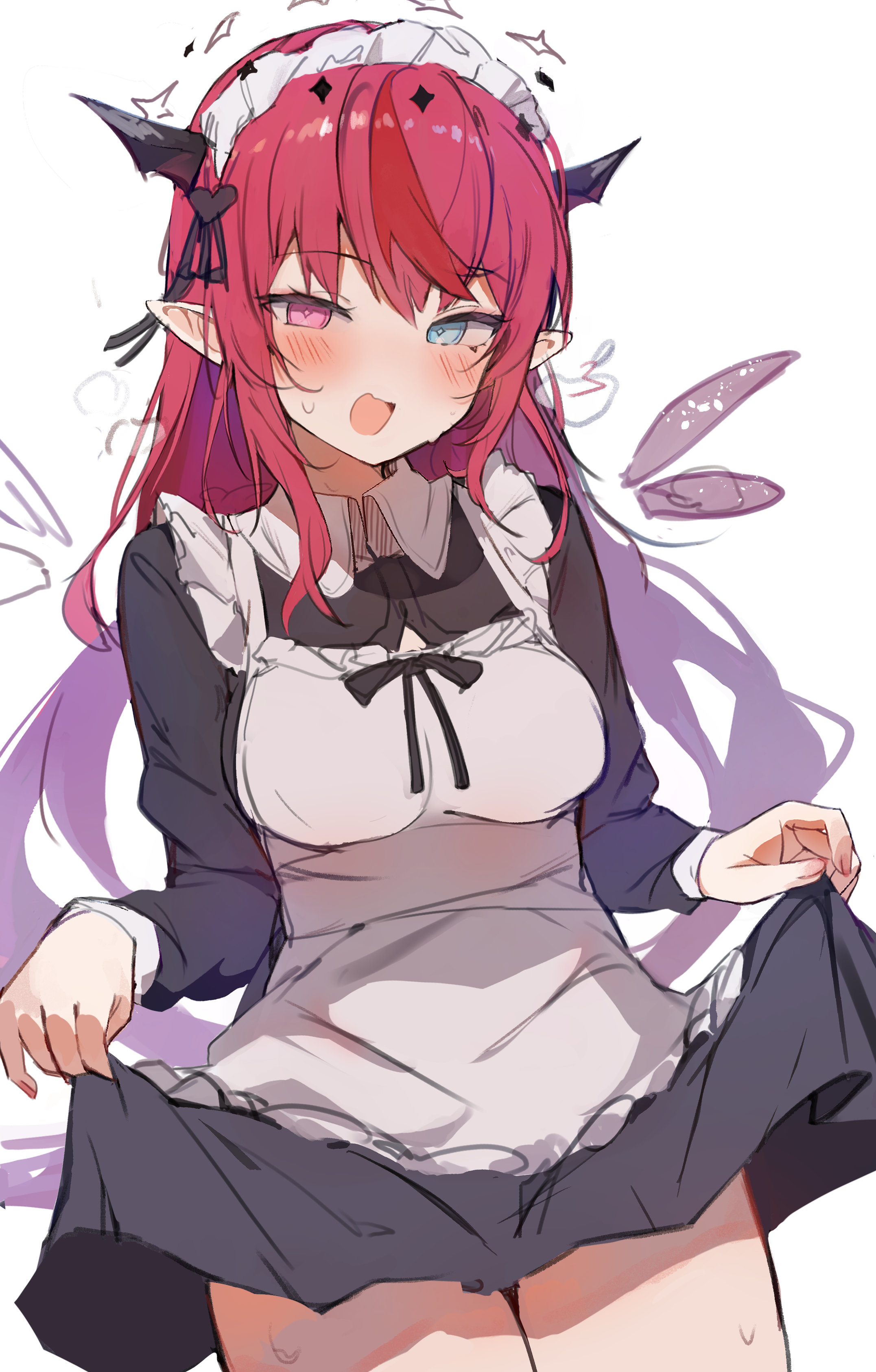 halo heterochromia hololive hololive_english horns irys_(hololive) maid orobou pointy_ears sketch skirt_lift wet wings