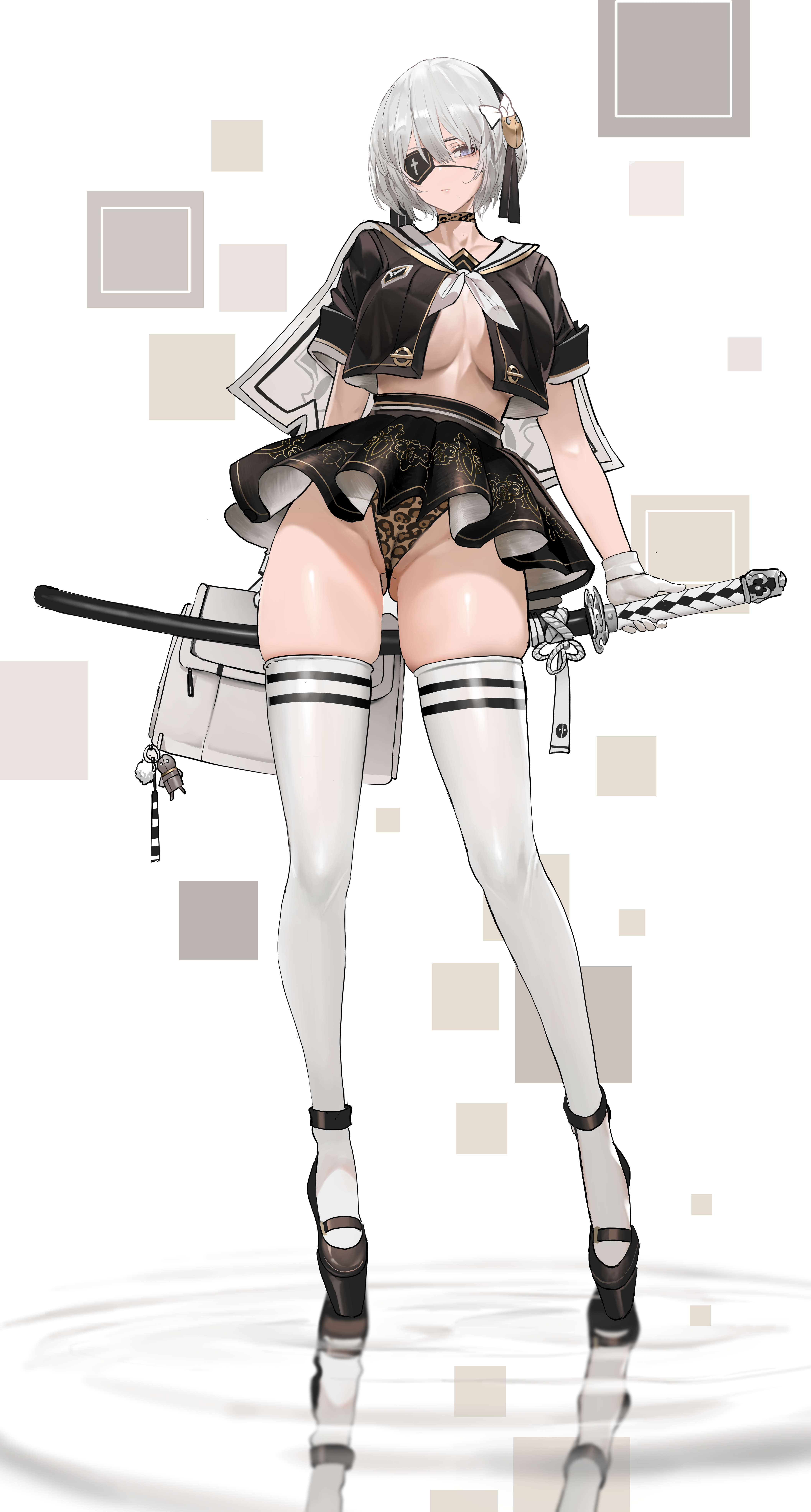 dishwasher1910 eyepatch nier nier_automata no_bra open_shirt pantsu seifuku sword thighhighs thong yorha_no.2_type_b