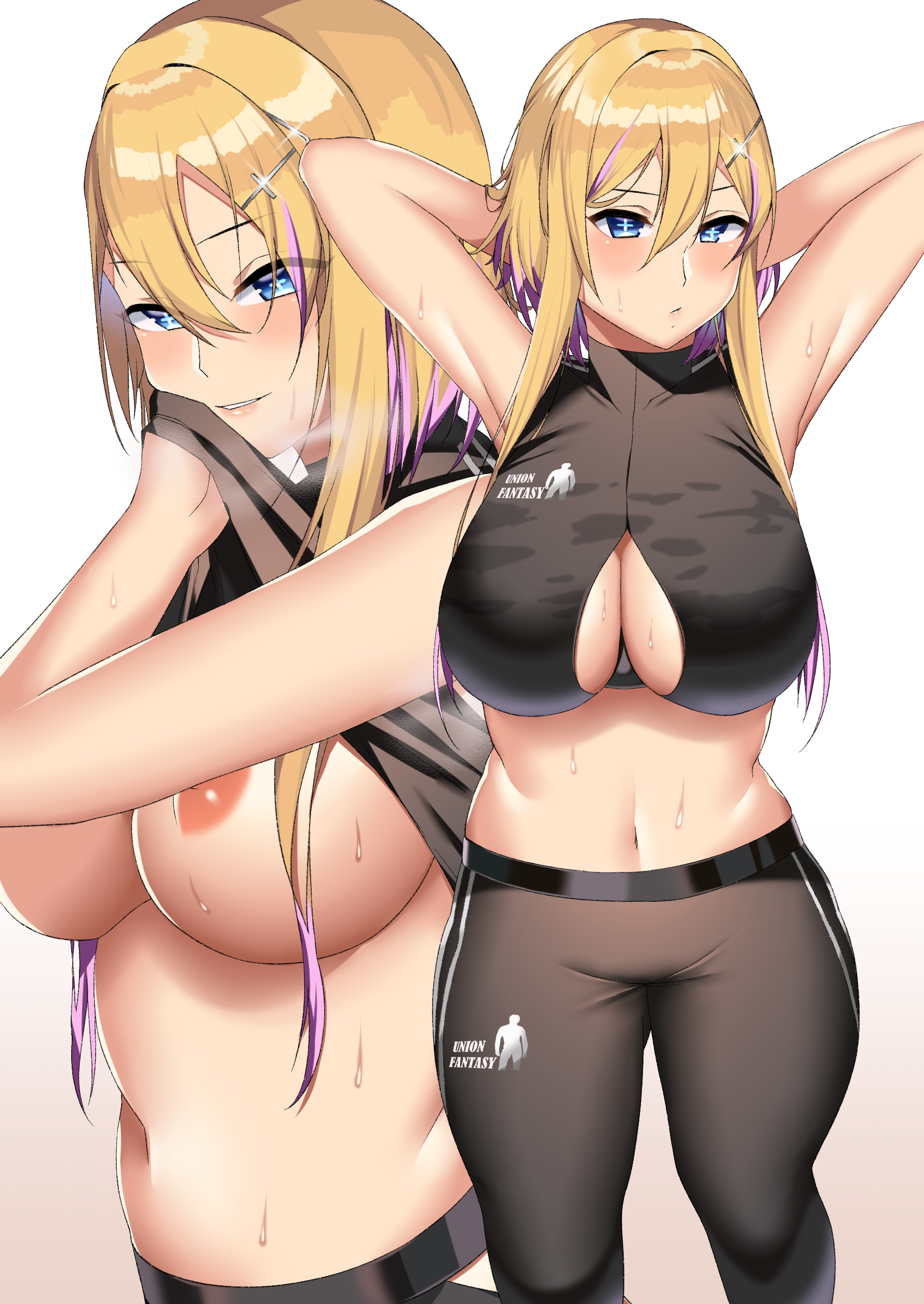 azur_lane breasts gym_uniform lilycious marblehead_(azur_lane) nipples no_bra open_shirt shirt_lift