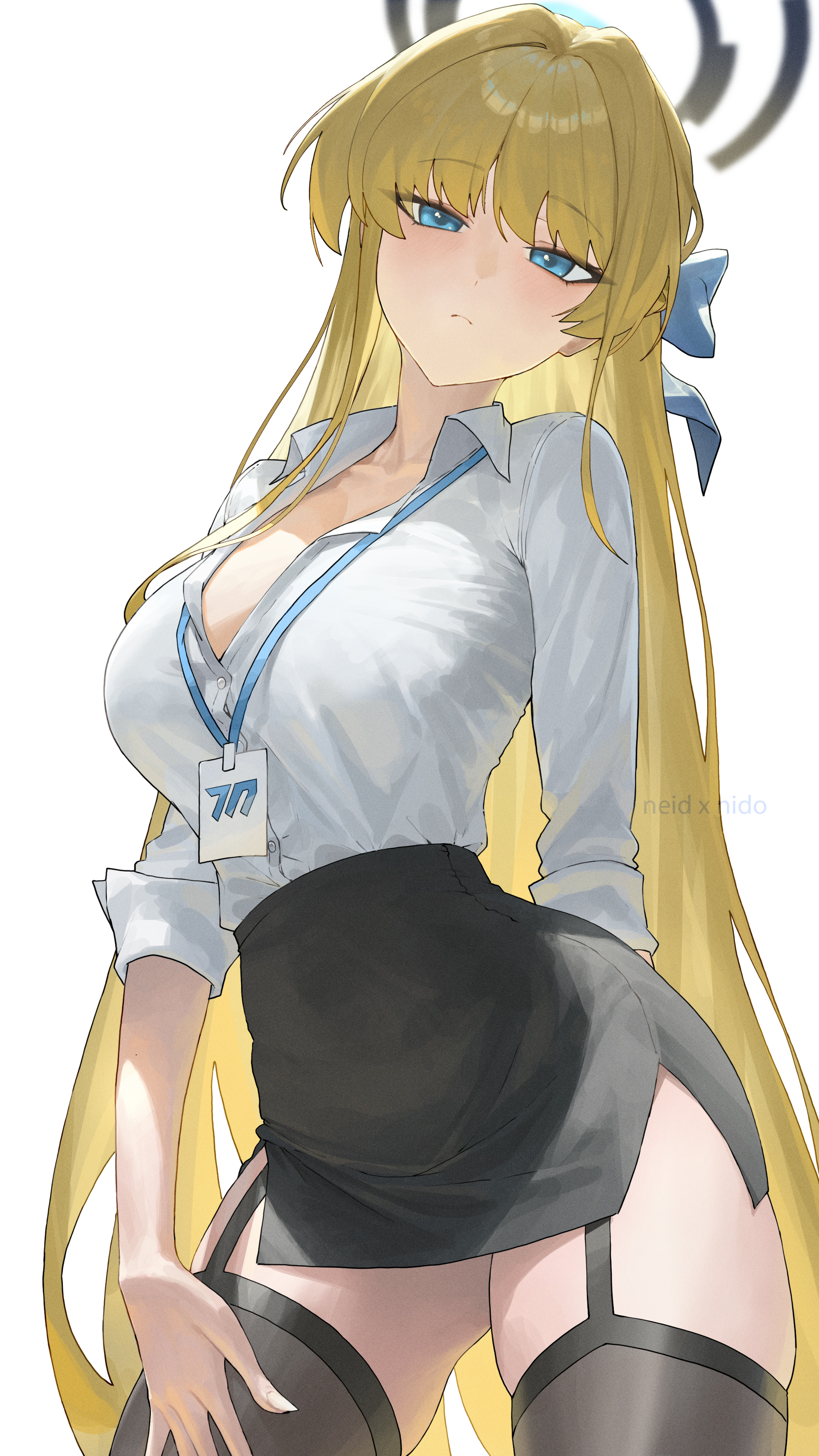 asuma_toki blue_archive dress_shirt halo nido_ice open_shirt stockings thighhighs